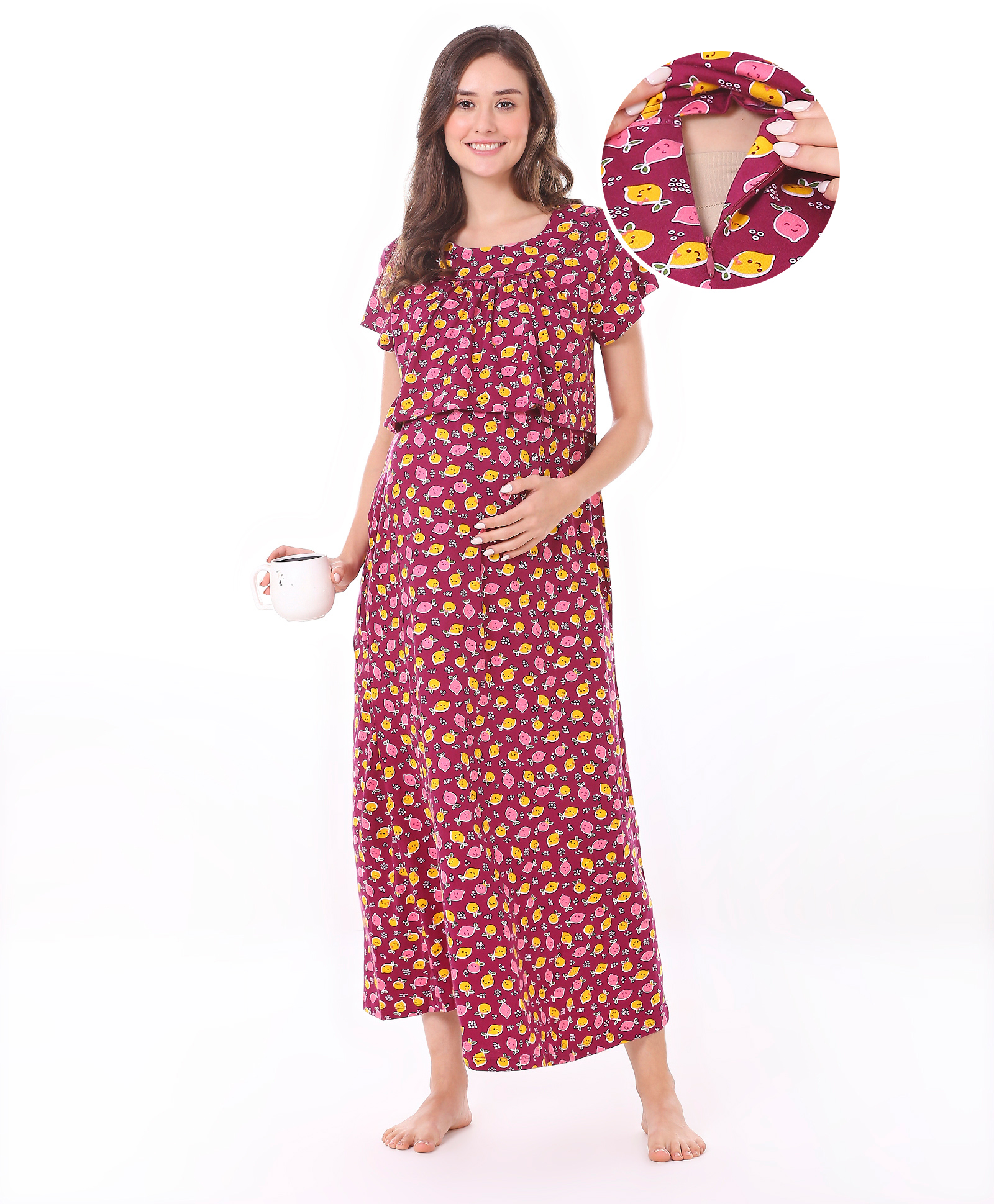Bella Mama Cotton Knit Half Sleeves Concealed Zipper Lemon Print Nighty - Wine-picture-6