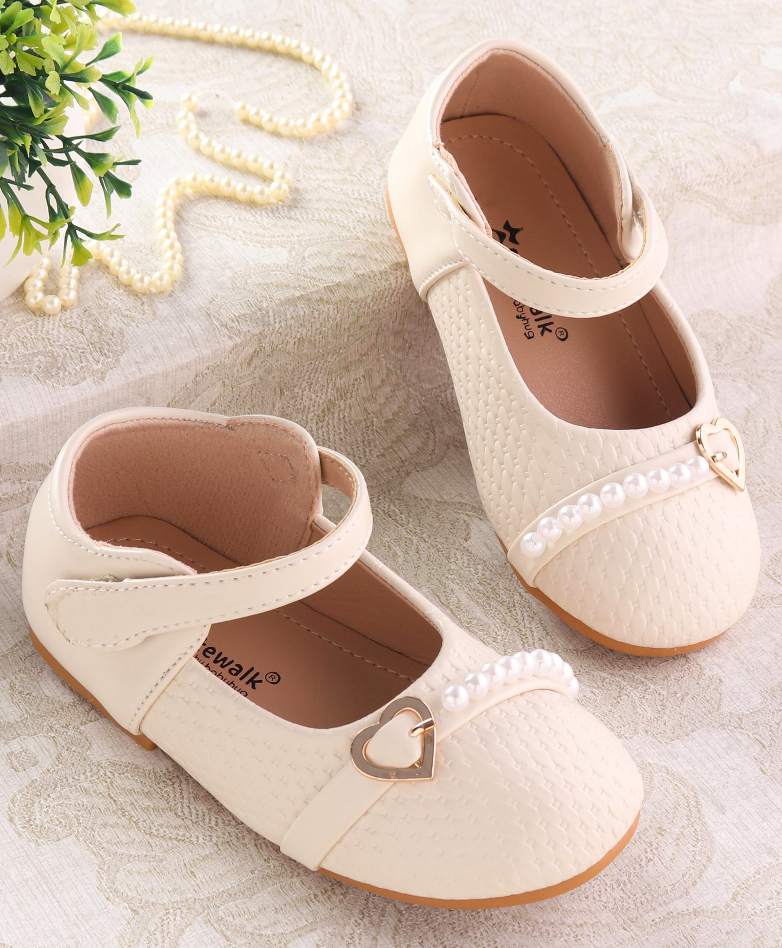 Cute Walk by Babyhug Velcro Closure Ballerina with Pearls & Heart Applique - Beige-picture-23