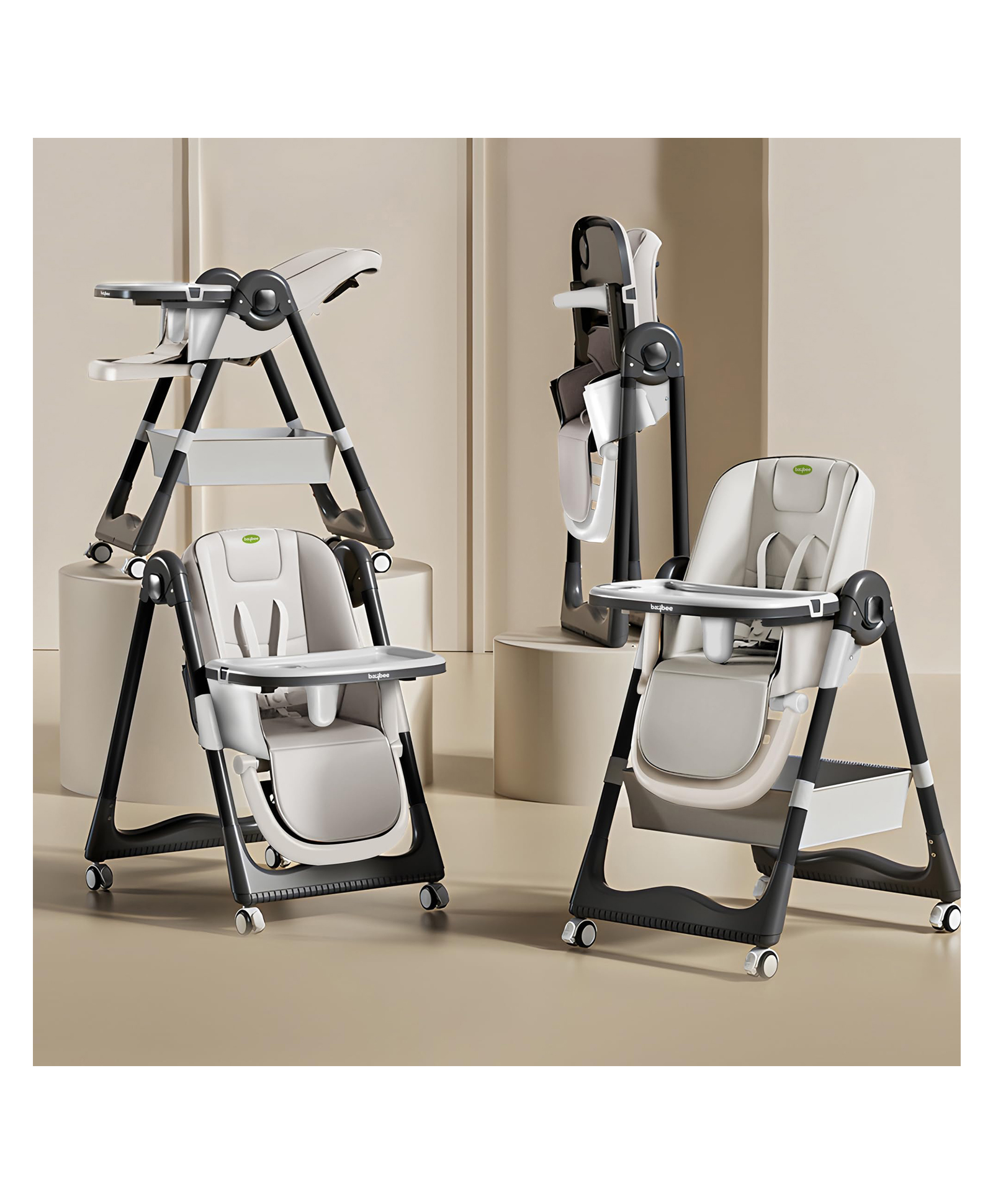 Baybee 3 in 1 Baby High Chair for Kids, Baby Feeding Chair with 8 Height Adjustable, Footrest, Tray, 160° Recline, 5 Point Safety Belt & Wheels(White)-picture-17
