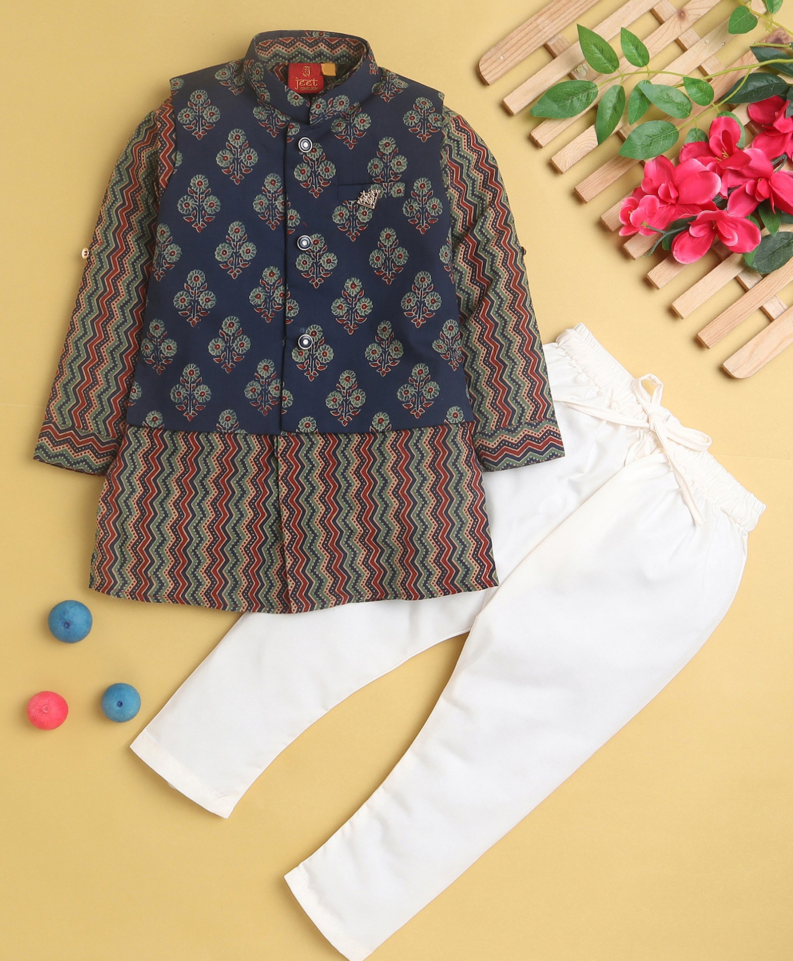 Jeet Ethnics Full Sleeves Abstract & Floral Printed Kurta Pyjama With Jacket - Navy Blue-image-5