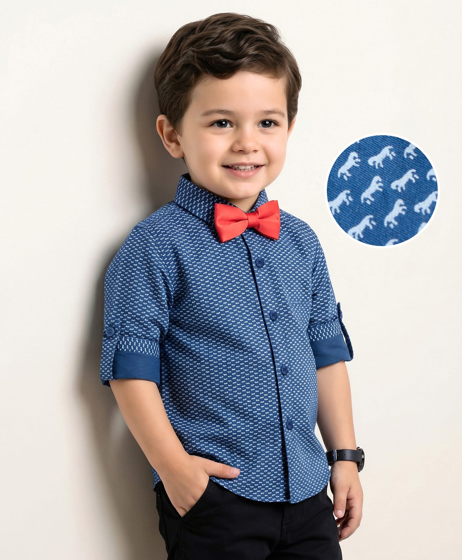 Mark & Mia Full Sleeves Horse Printed Shirt with Bow - Navy Blue-image-37