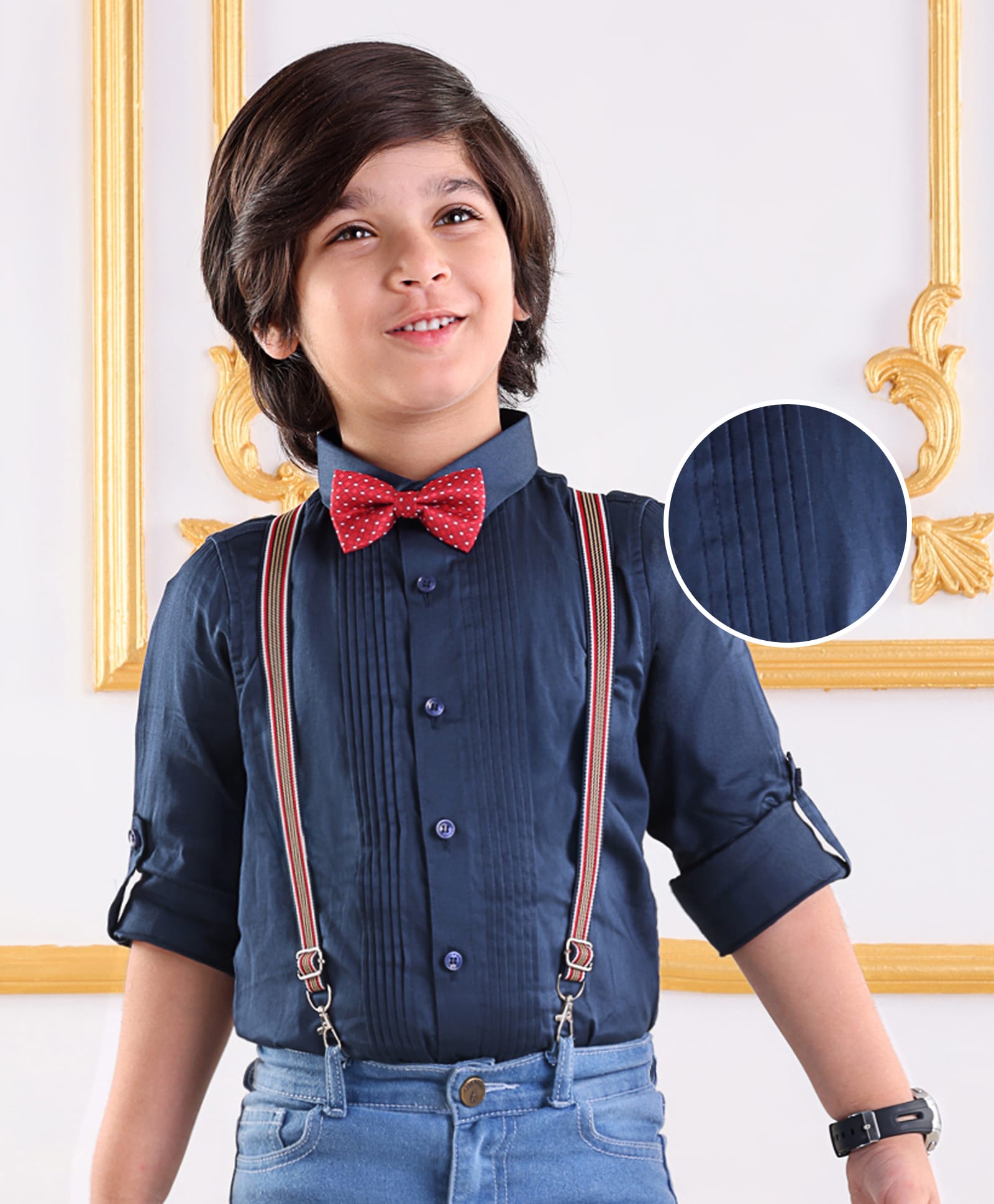 Mark & Mia Full Sleeves Solid Colour Pleated Party Shirt with  Suspender & Bow -  Navy Blue-picture-33