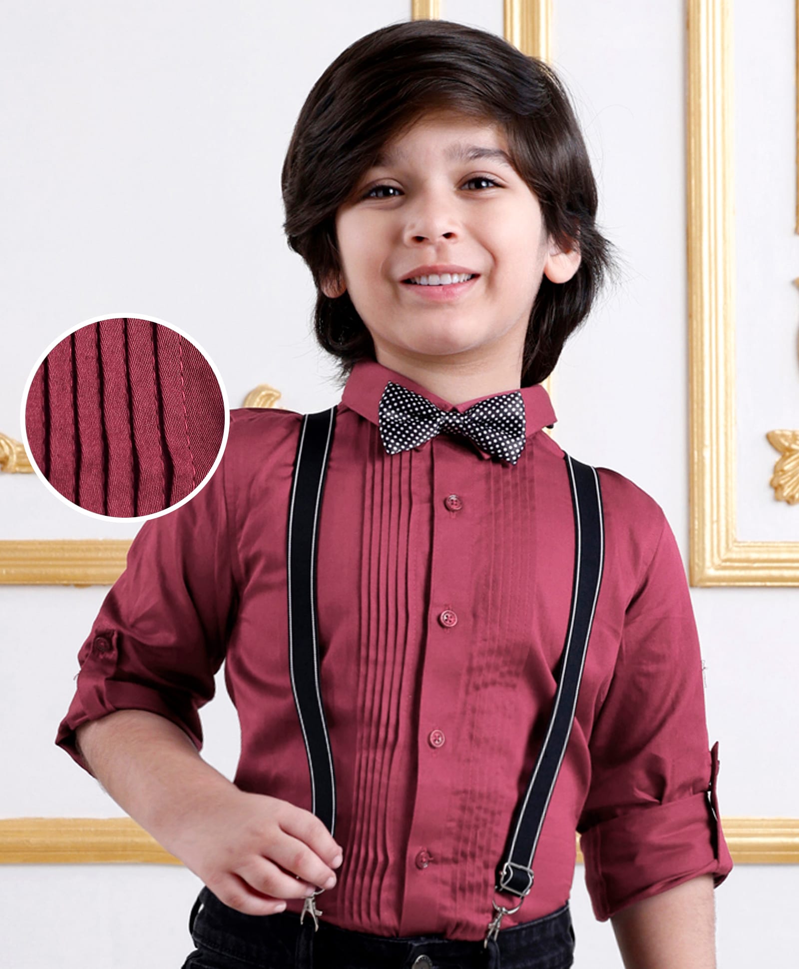 Mark & Mia Cotton Woven Full Sleeves Solid Colour Shirt with Bow Suspender & Pintucks Detailing - Maroon-picture-21