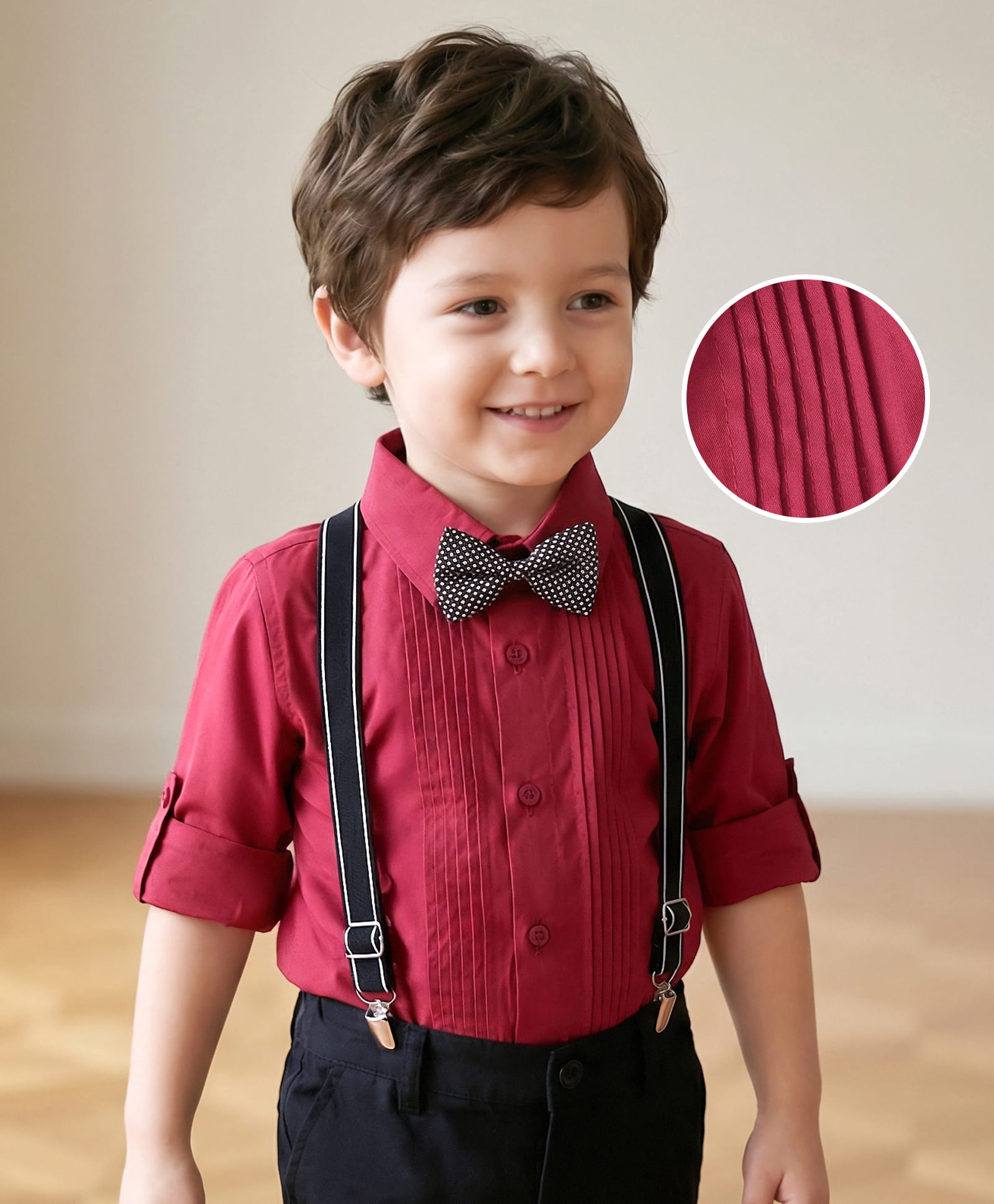 Mark & Mia Full Sleeves Party Pleated  Shirt with Bow & Suspender - Red-image-19