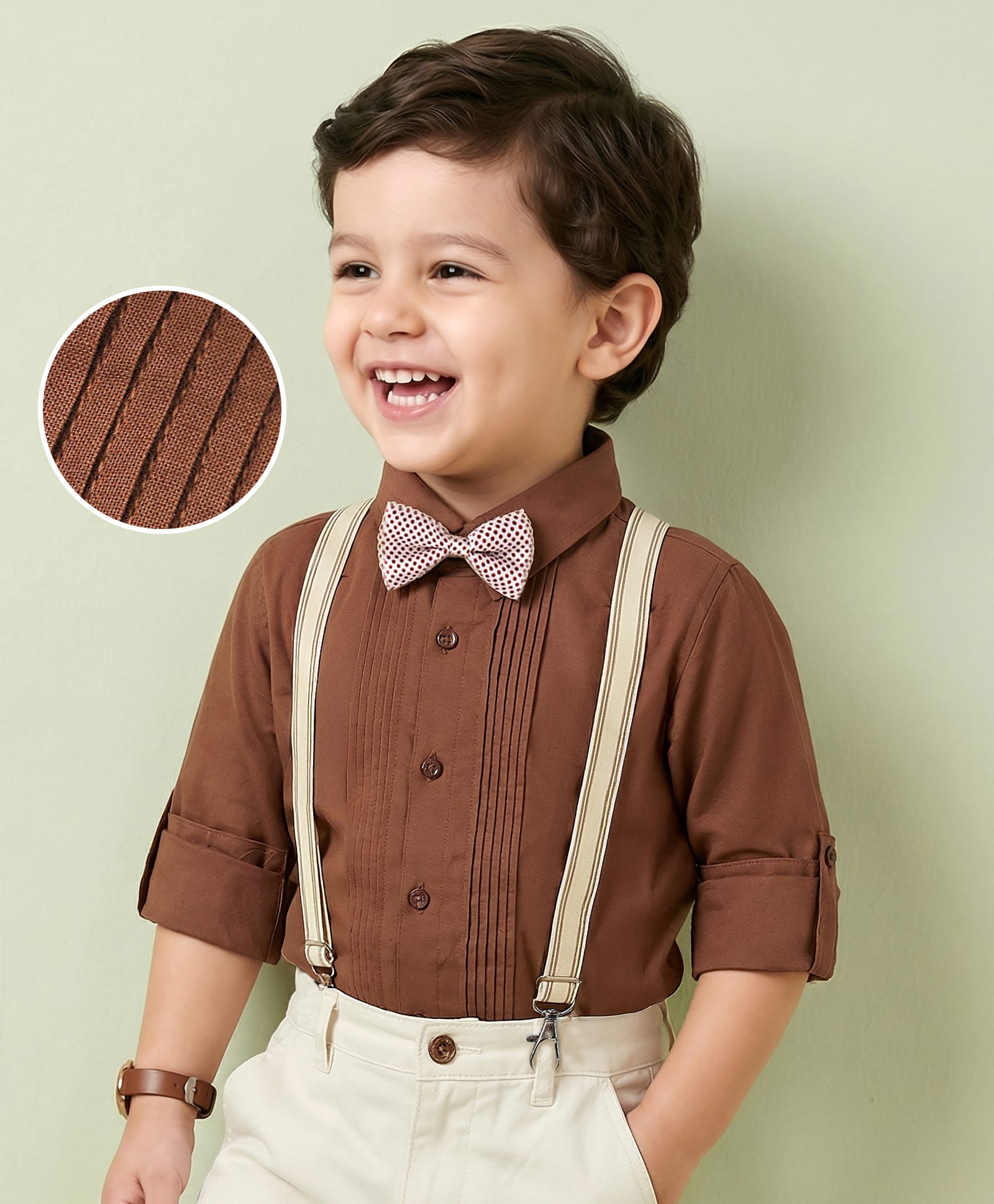 Mark & Mia Cotton Woven Full Sleeves Solid Colour Shirt with Bow Suspender & Pintucks Detailing - Brown-picture-20