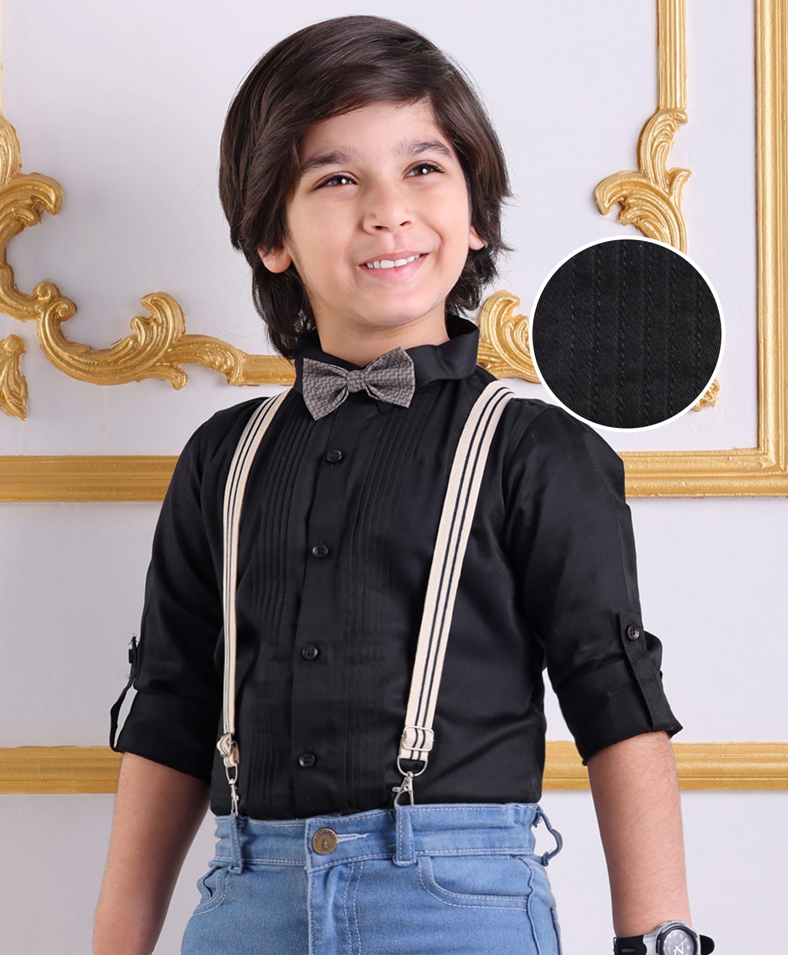 Mark & Mia Full Sleeves Pleated Solid Party Shirt with Bow & Suspender - Black-picture-23