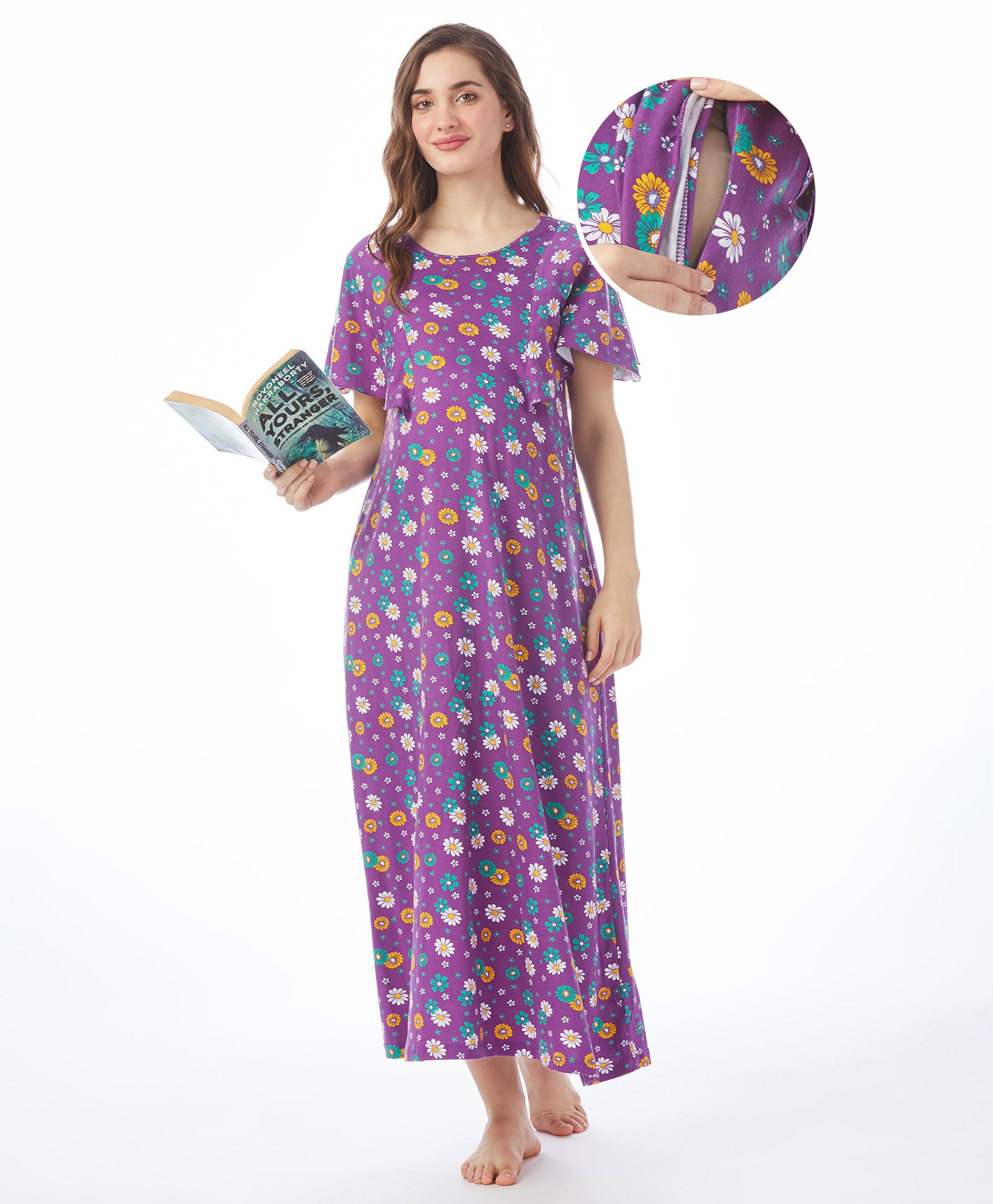Bella Mama Cotton Knit Half Sleeves  Concealed Zipper Nighty With Floral  Print- Purple-picture-44