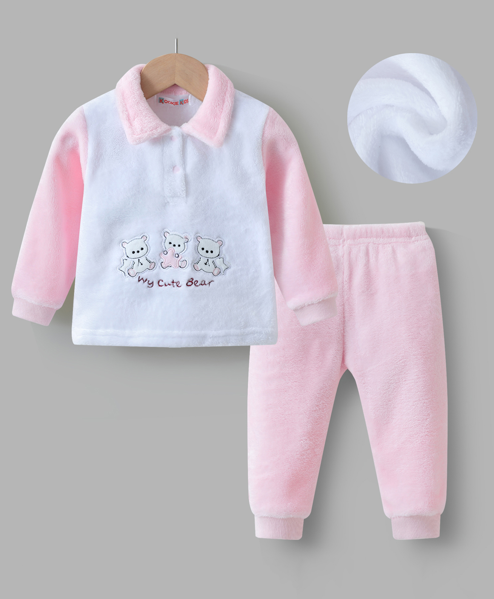 Kookie Kids Full Sleeves Winter Wear T-Shirt & Lounge Pant Set with Bear Patch - Pink-picture-28