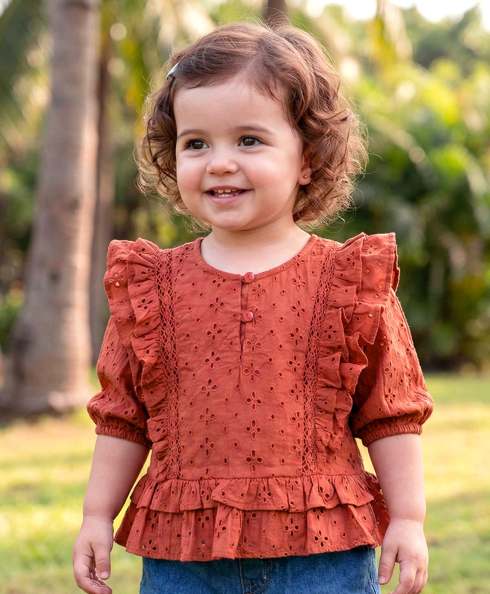 Babyoye Cotton Woven Half Sleeves Top with Frill Detailing & Schiffli Design - Red-image-20
