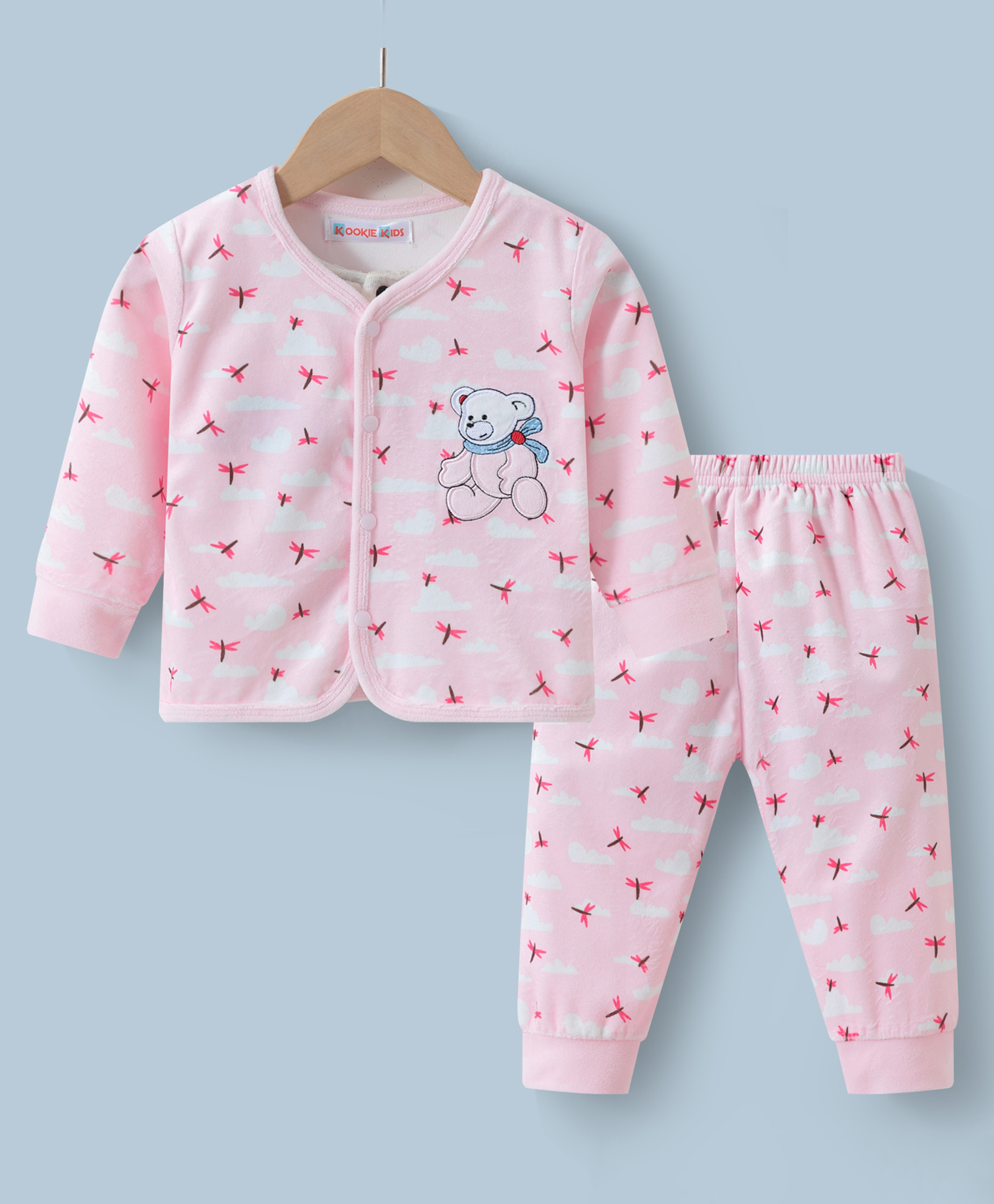 Kookie Kids Full Sleeves Winter Wear T-Shirt & Lounge Pant Set with Bear Patch- Pink-picture-29