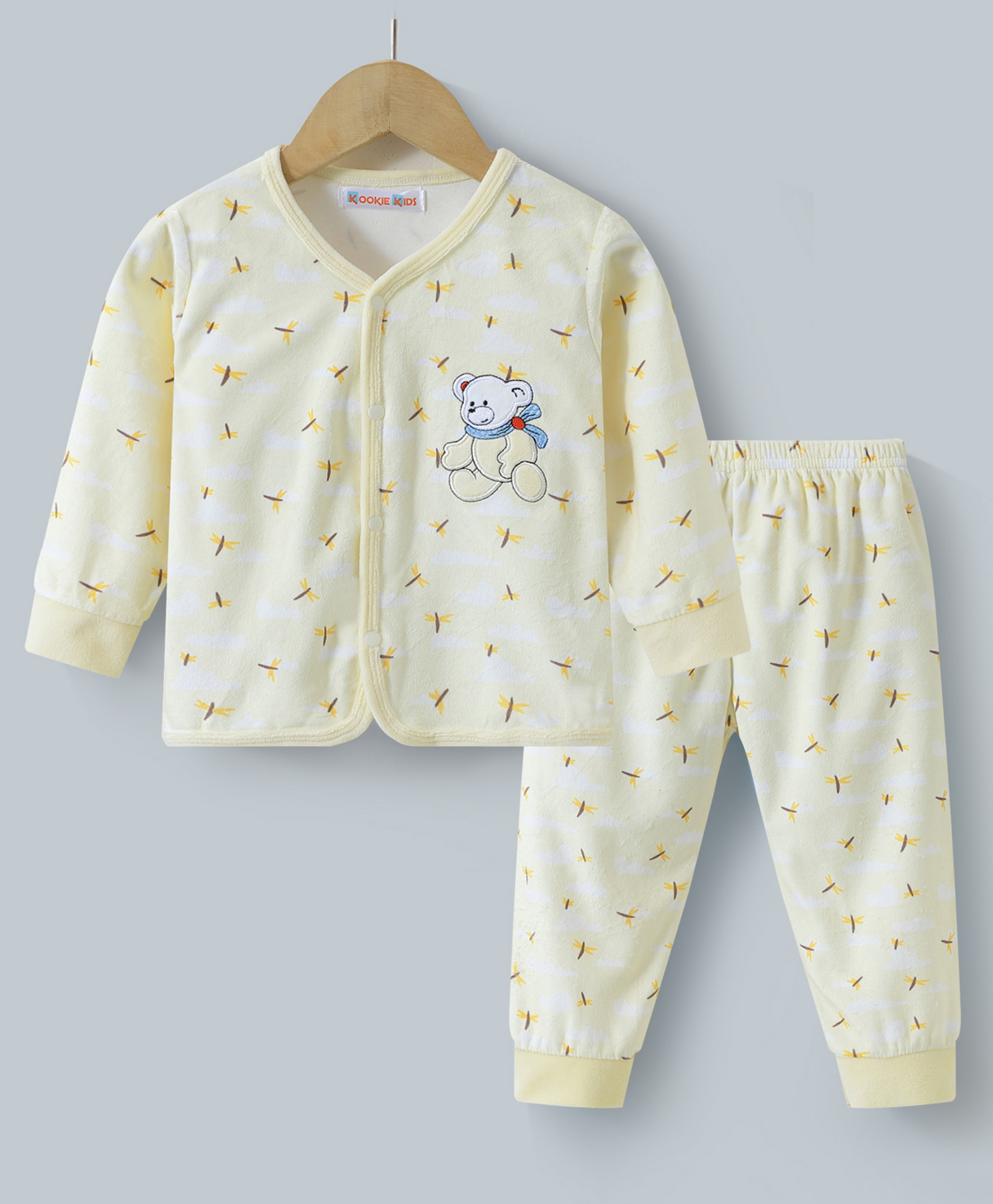 Kookie Kids Full Sleeves Winter Wear T-Shirt & Lounge Pant Set with Bear Patch- Cream-picture-30