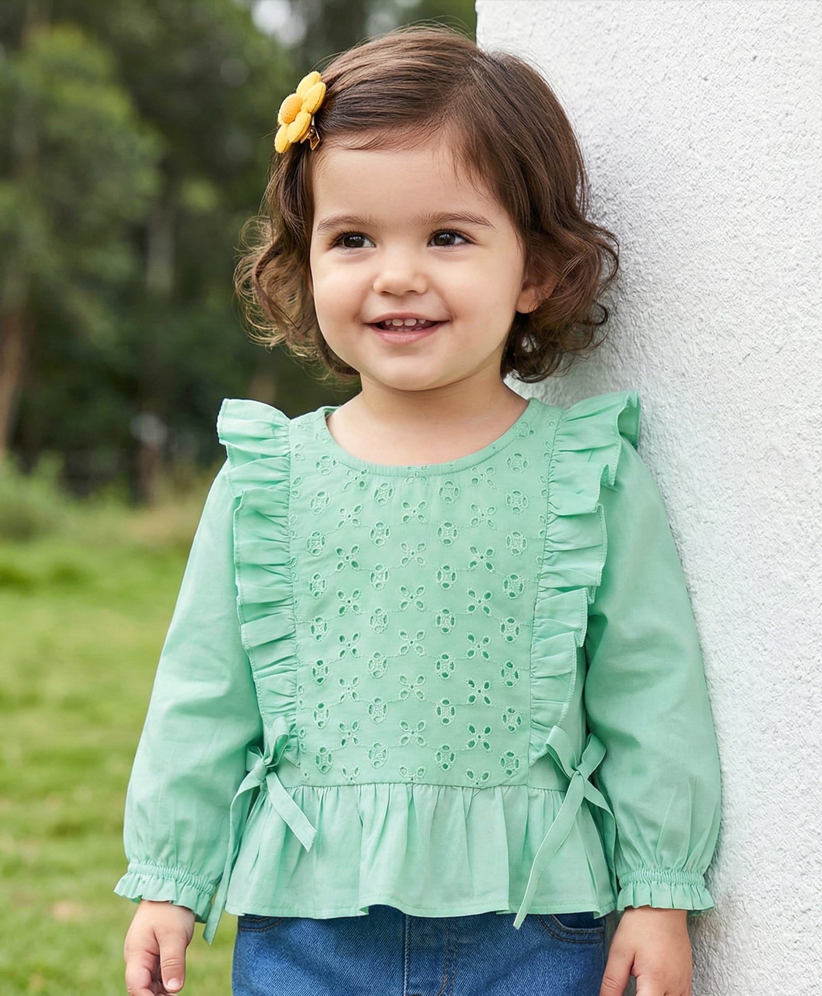 Babyoye Cotton Knit Full Peasant Sleeves Solid Colour Top with Schiffli & Frill with Bow Applique - Green-image-17