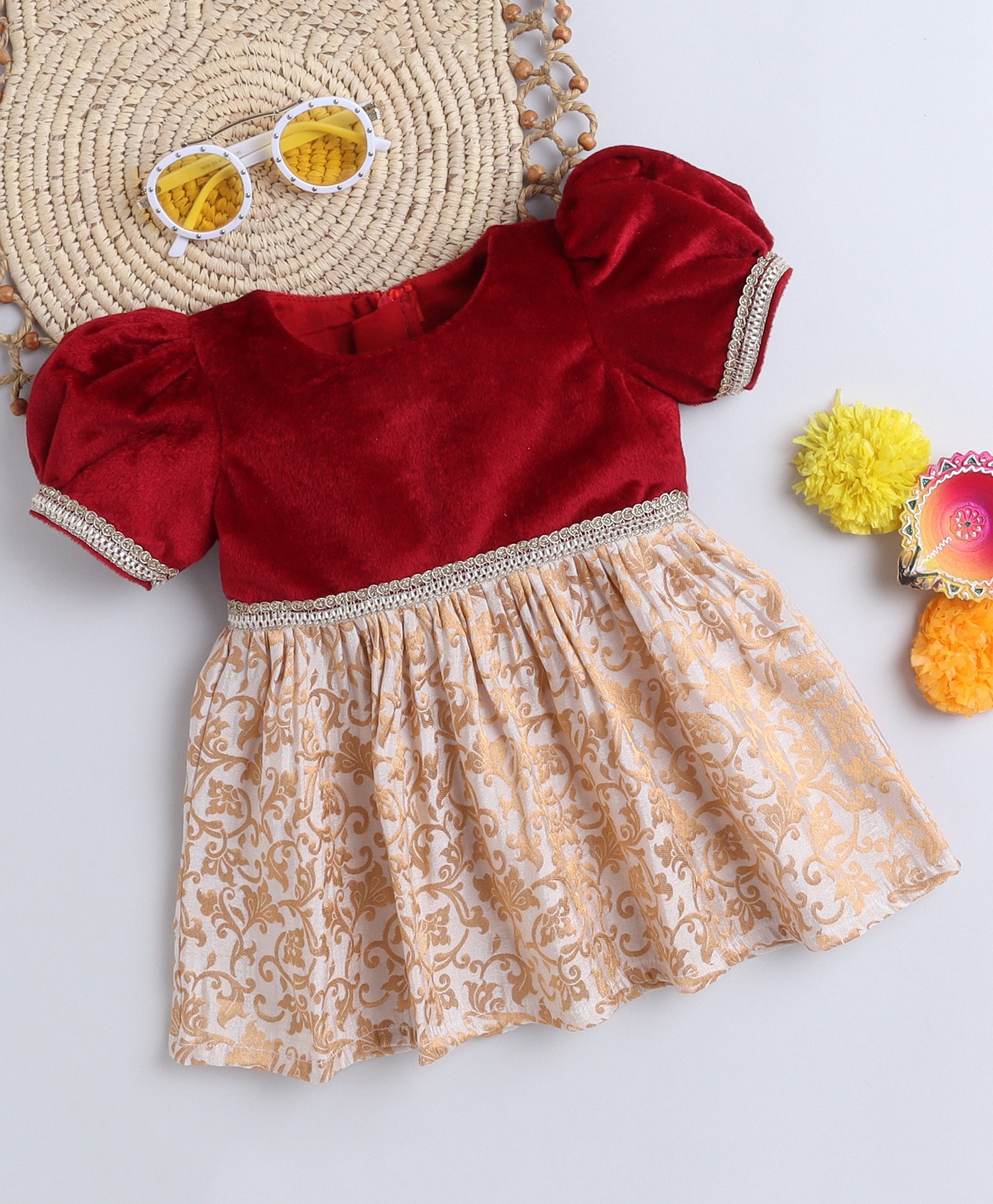 Many frocks & Velvet Puff Sleeves Floral Printed & Lace Embellished  Ethnic Dress  - Cream & Maroon-image-31