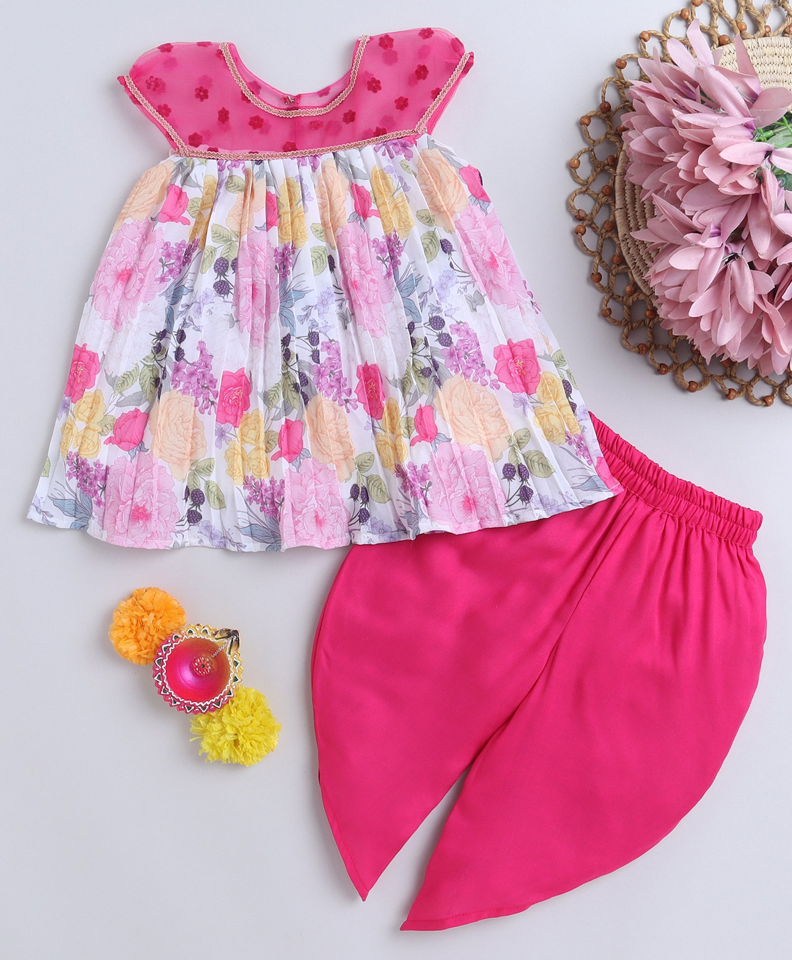 Many frocks & Sleeveless Floral Printed Lace Embellished Kurta & Dhoti Set - Multicolour & Pink-image-24