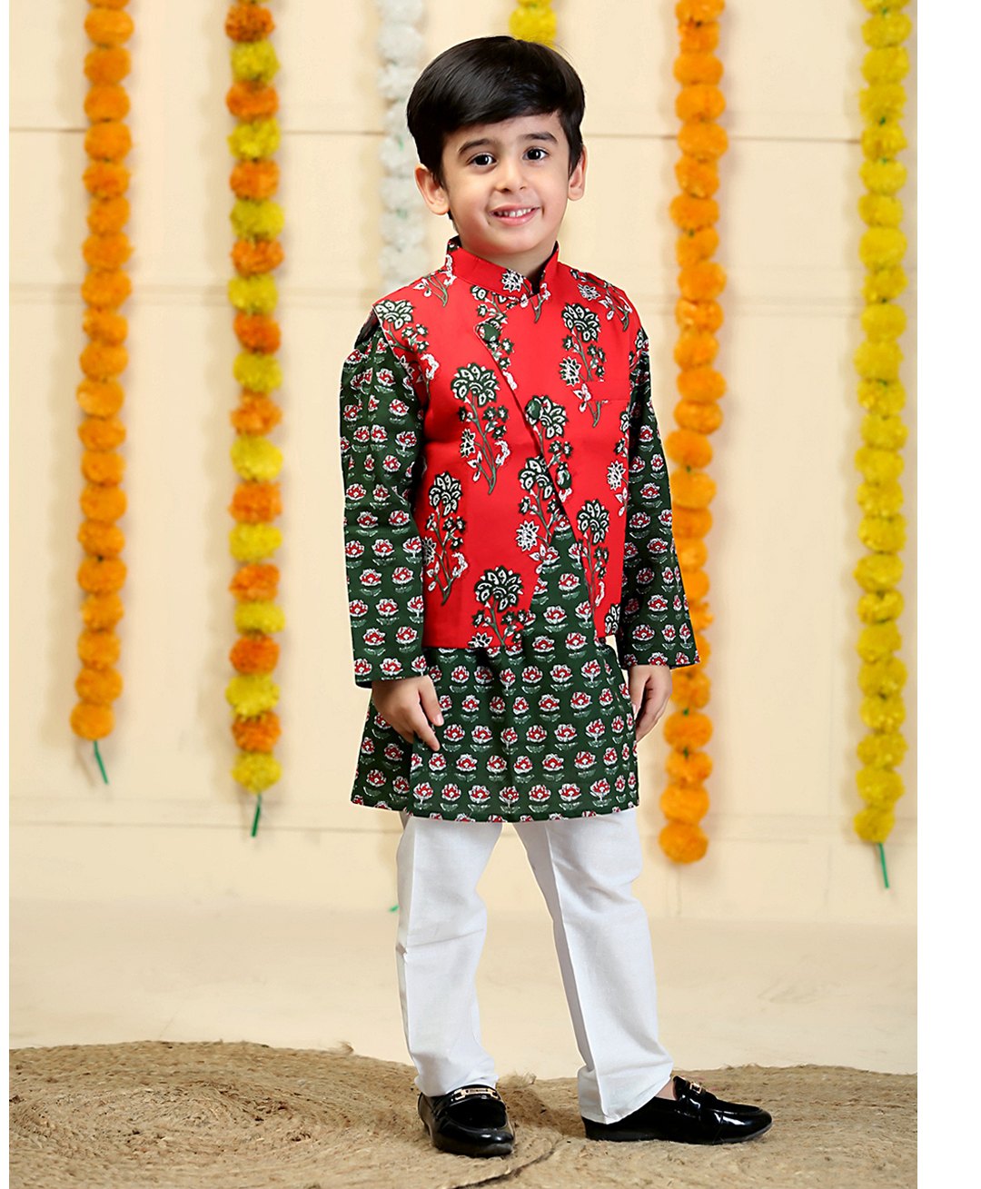 The Mom Store Cottom Full Sleeves Floral Printed Jacket And Kurta Pyjama Set - Red-picture-10
