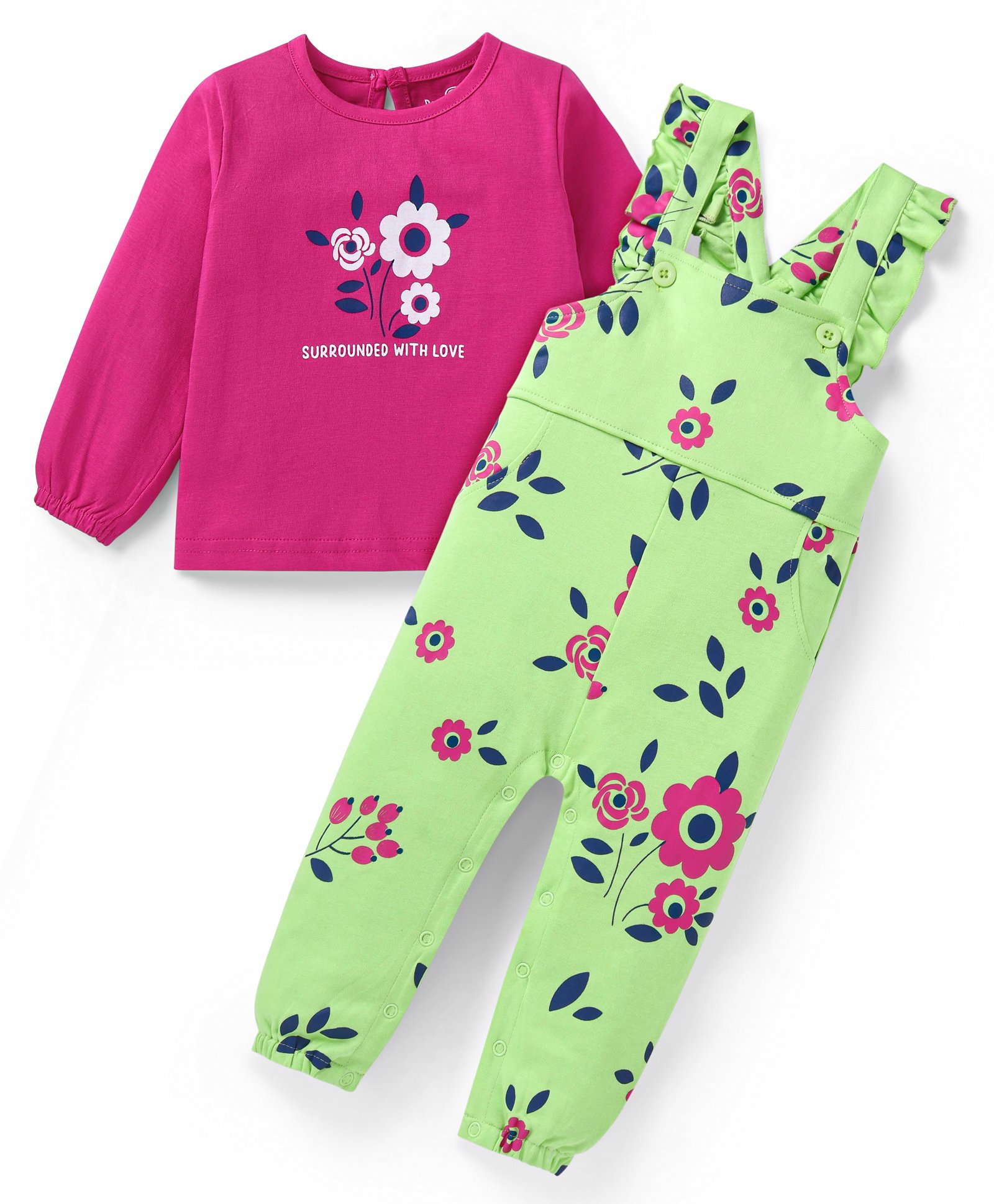 Doodle Poodle 100% Cotton Knit Full Sleeves Floral Printed T-Shirt & Full Length Dungaree - Light Green & Dark Pink-picture-19