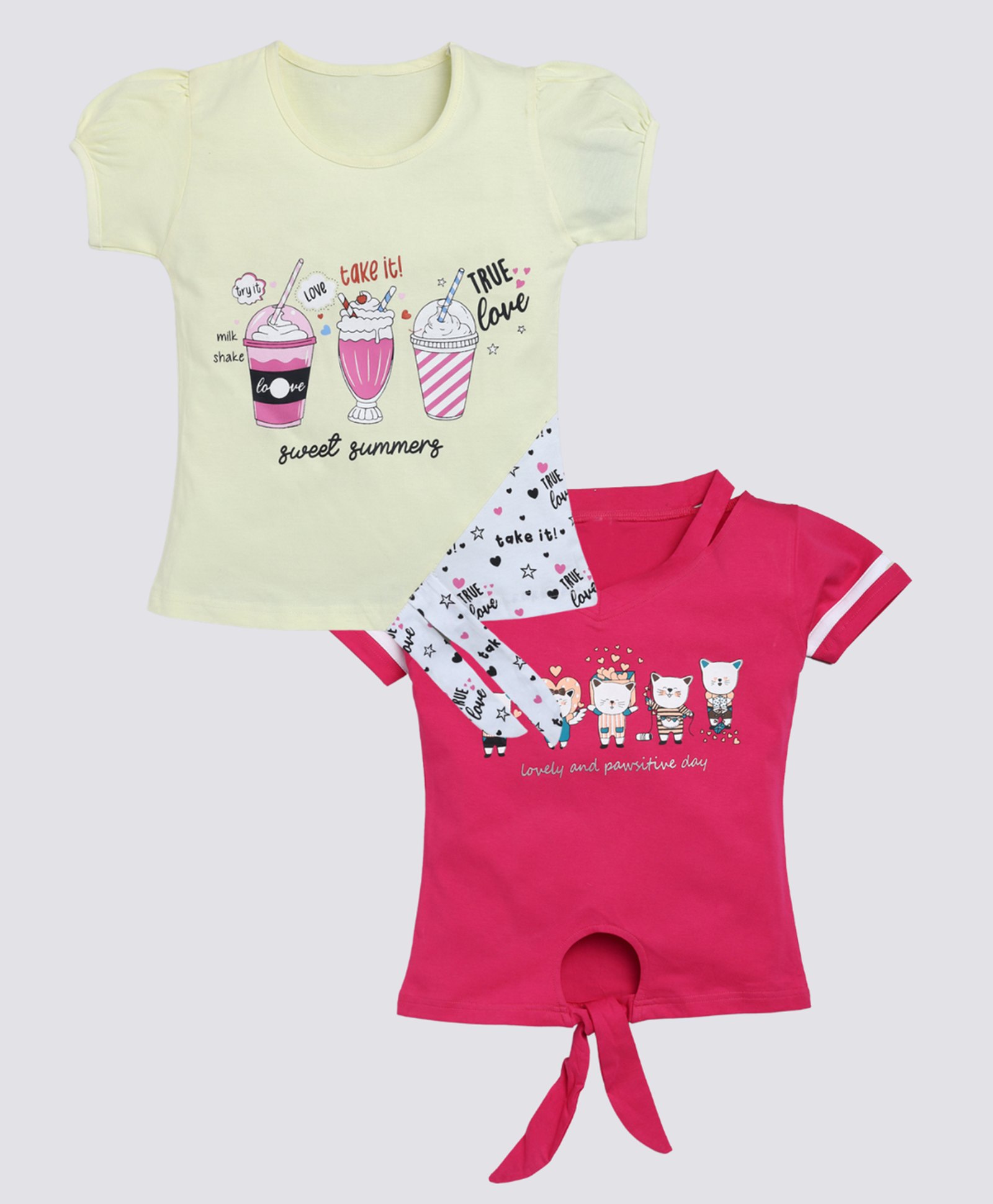 Nottie Planet Pack Of 2 Half Sleeves Ice Cream & Cats  Printed Tops  - Lemon & Rani-image-45