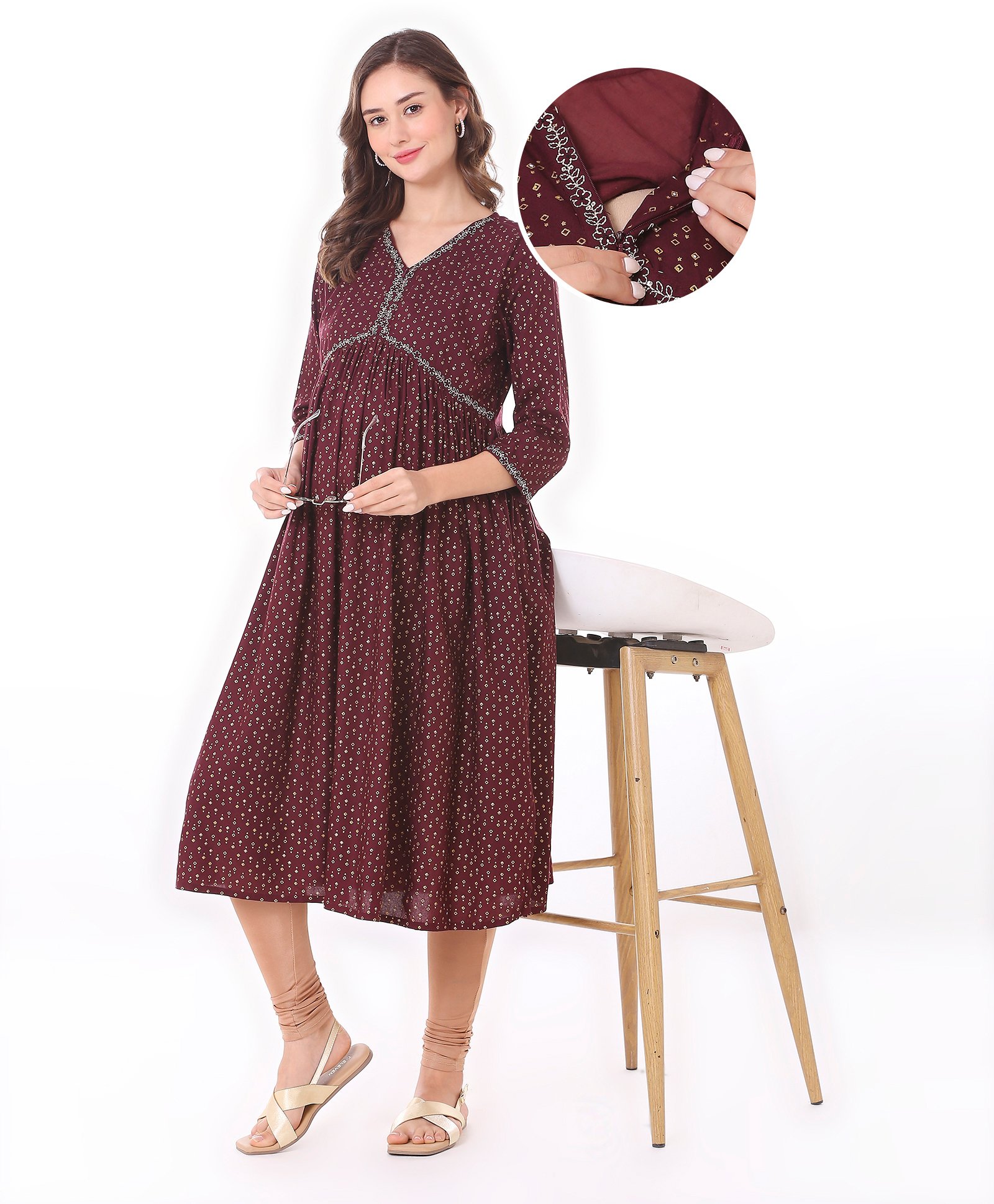 Bella Mama Woven Three Fourth Sleeves Maternity Kurta With Pocket -Wine-image-24