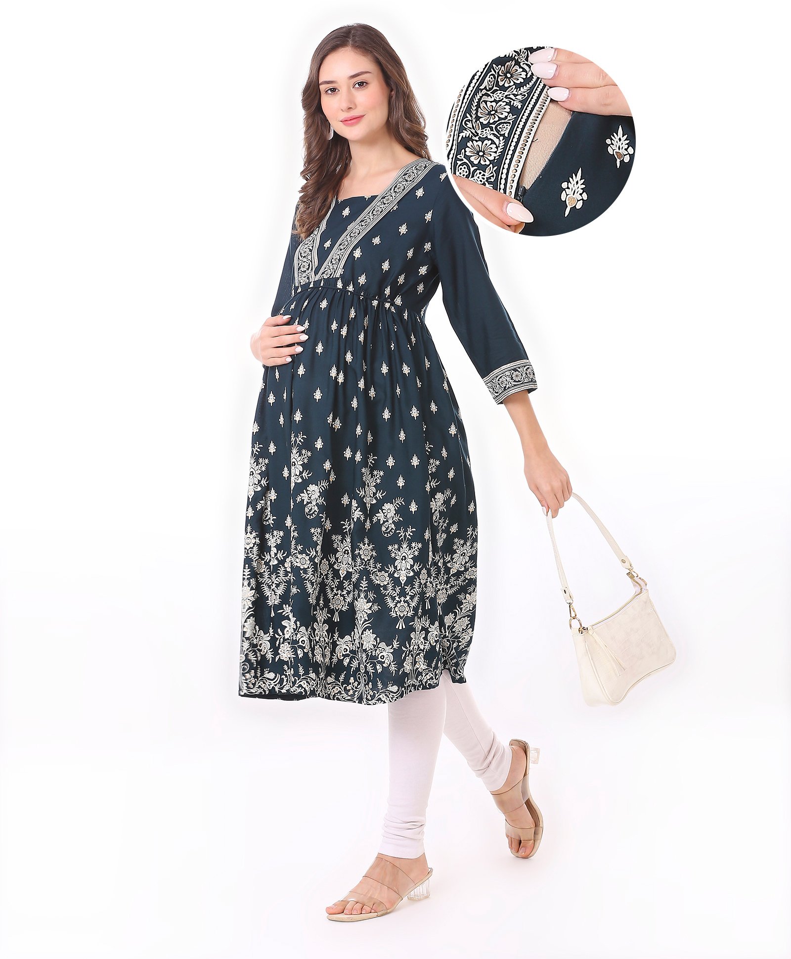 Bella Mama Woven Three Fourth Sleeves Foil Printed Maternity Kurta with Pocket - Dark Green-image-20