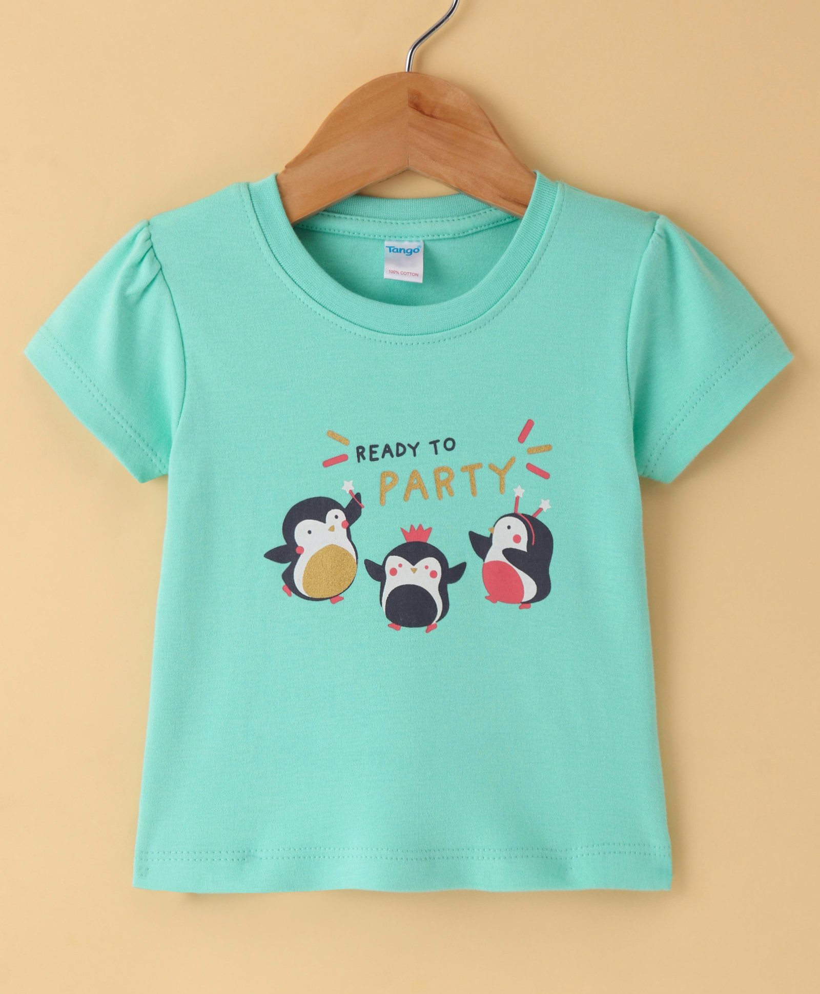 Tango Interlock Knit Half Sleeves T-Shirt with Text & Penguin Print - Green-image-12