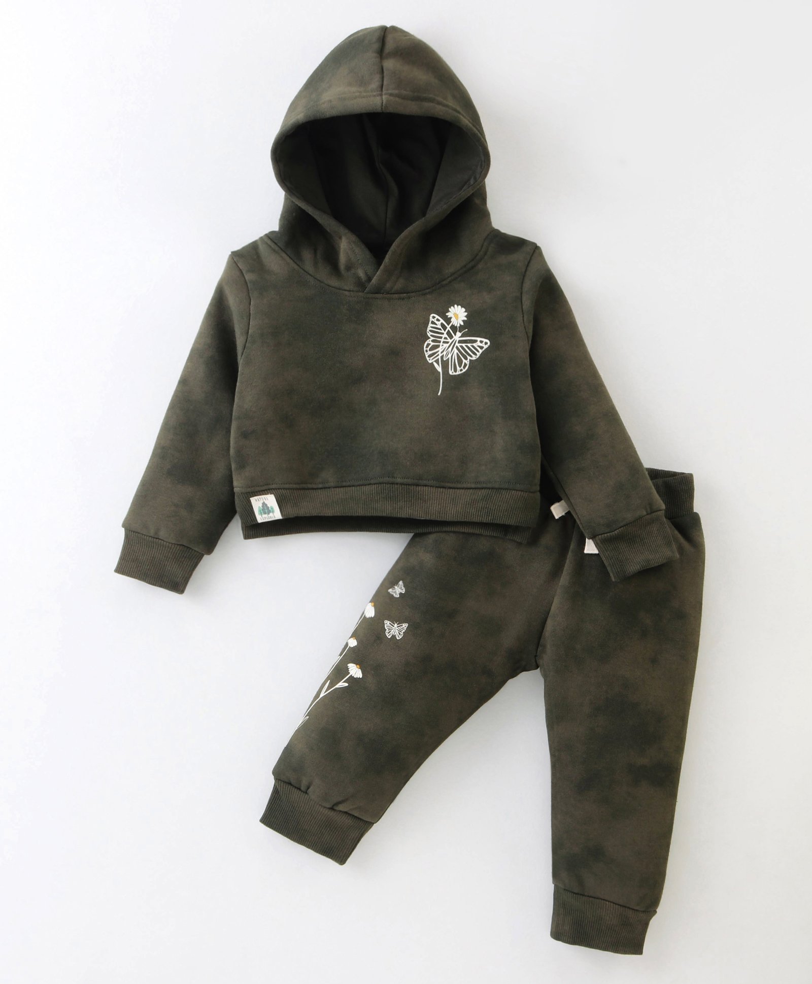 Ollypop Fleece Knit Full Sleeves Hooded Winter Wear Suit With Floral & Butterfly Print - Olive-image-23