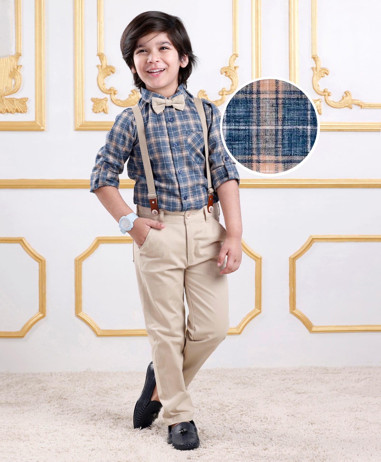 Mark & MiaFull Sleeves Checkered Shirt & Trouser Set with Bow & Suspender - Blue & Tan-image-18