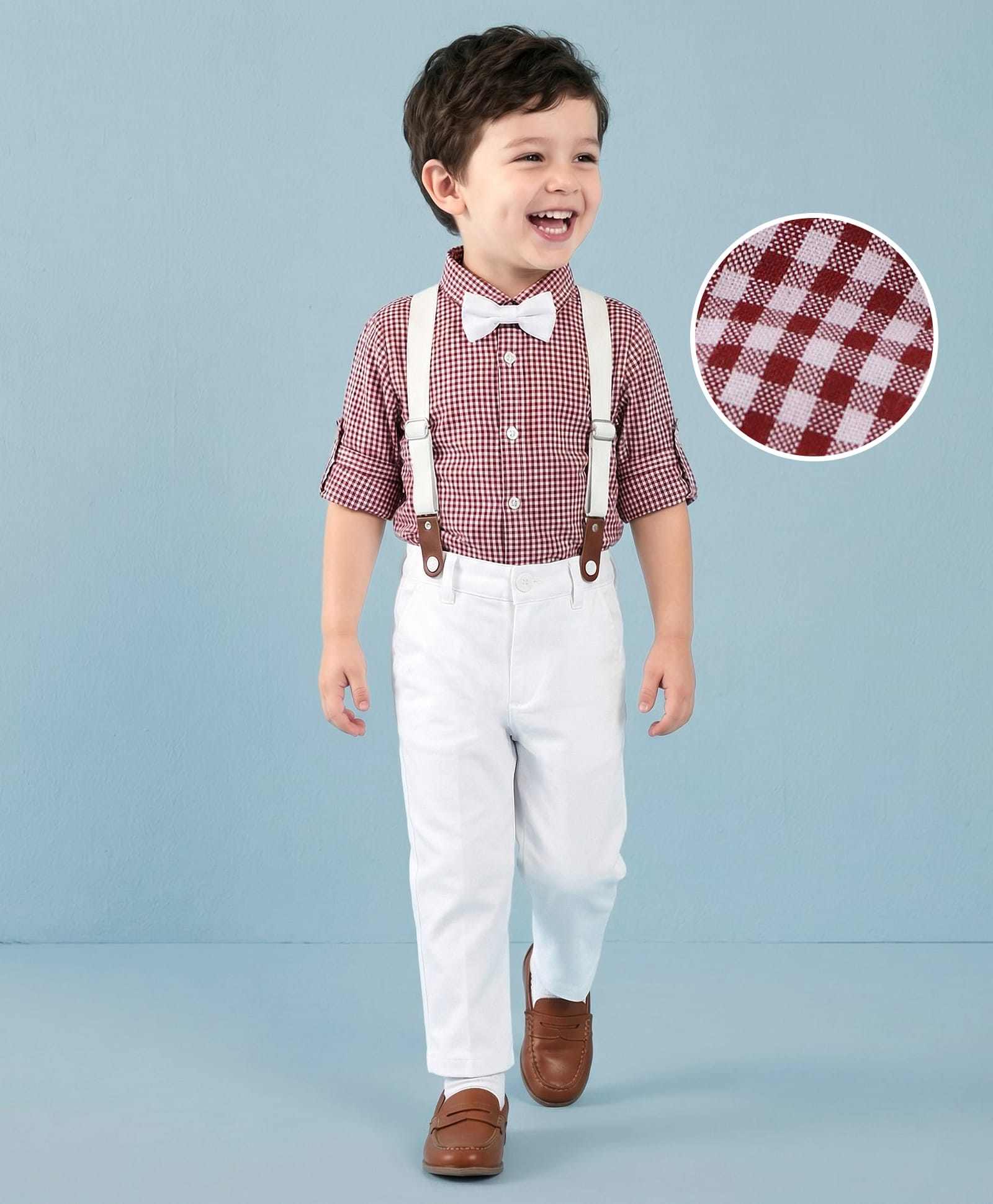 Mark & Mia Full Sleeves Checkered Party Shirt & Trouser Set with Bow & Suspender -  Maroon & White