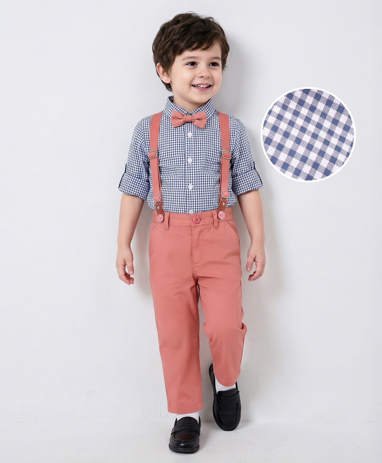 Mark & Mia Full Sleeves Checkered Shirt & Trouser Set with Bow & Suspender - White Blue & Peach-picture-17
