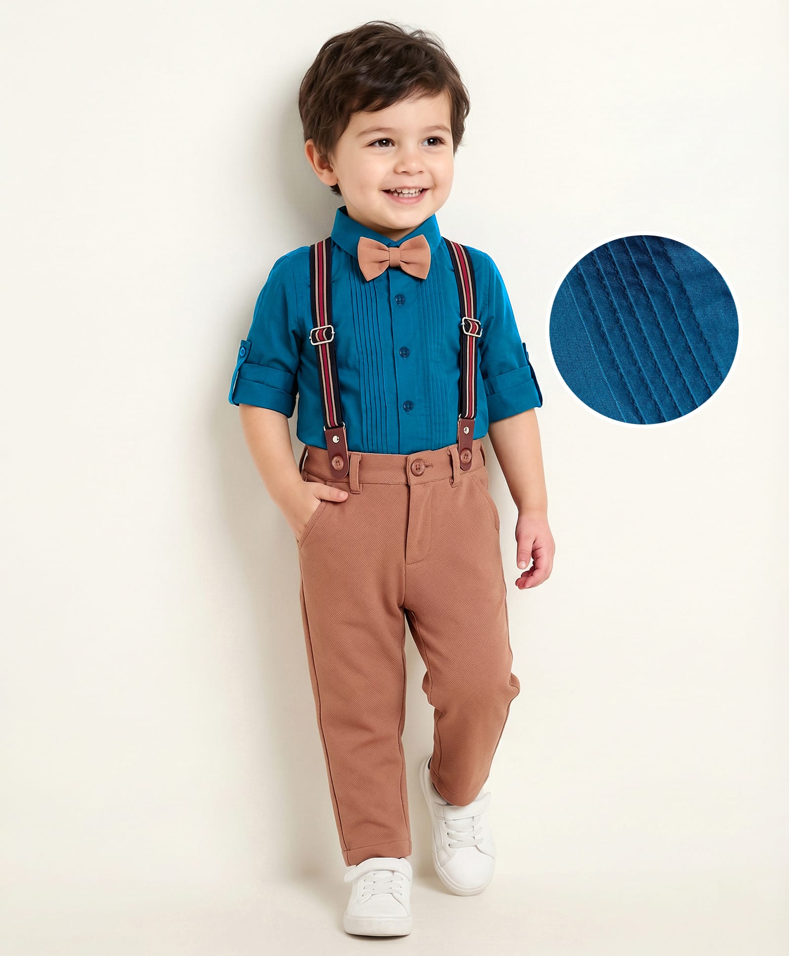 Mark & Mia Full Sleeves Solid Colour Shirt & Trouser Set with Pintucks Detailing Bow & Suspender - Blue-image-26