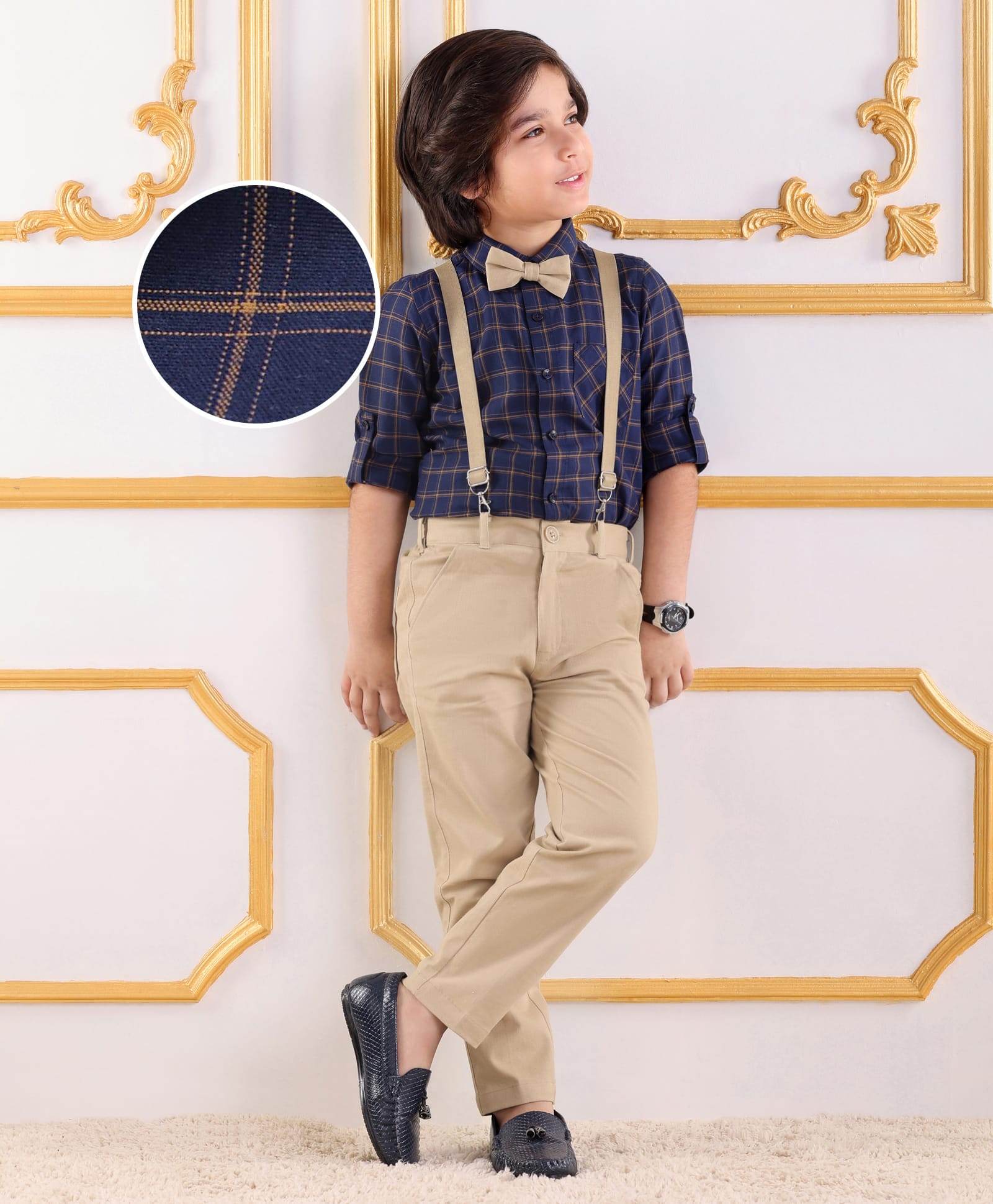 Mark & Mia Full Sleeves Checkered Shirt & Trouser Set with Bow & Suspender - Navy Blue-picture-31