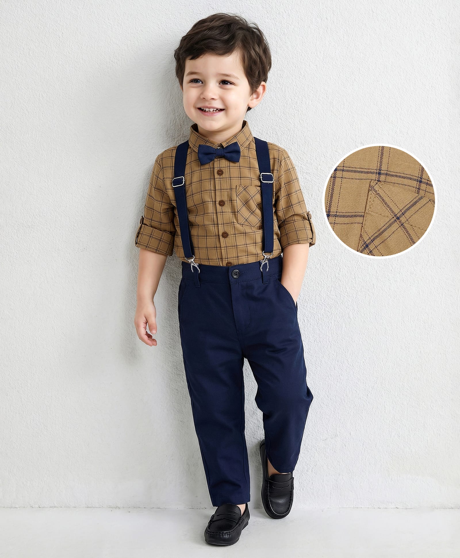 Mark & Mia Full Sleeves Checkered Party Shirt & Trouser with Bow & Suspender - Beige