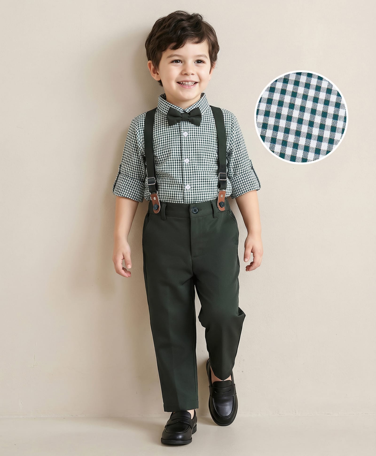 Mark & Mia Full Sleeves Checkered Shirt & Trouser Set with Bow  Suspender - Dark Green & White-picture-26
