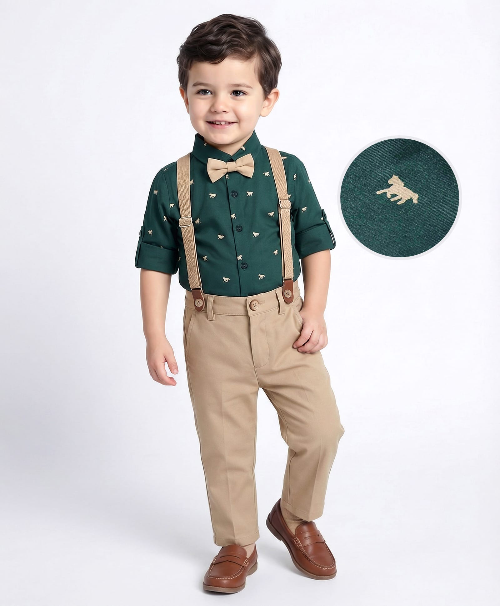 Mark & Mia Full Sleeves Horse Printed Shirt & Trouser Set with Bow & Suspender - Dark Green & Tan-image-44