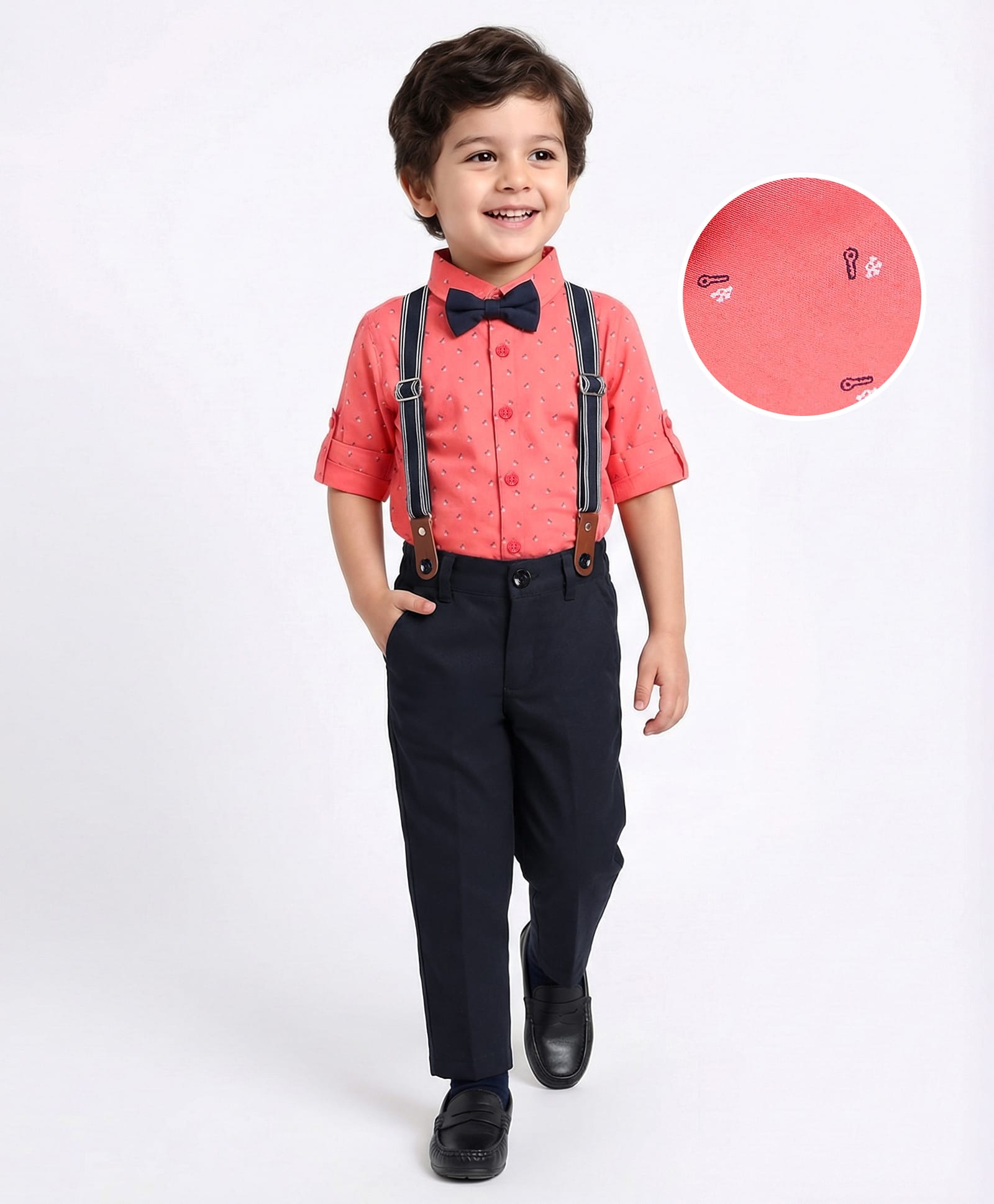 Mark & Mia Full SleevesPrinted Shirt & Trouser Set with Bow & Suspender - Coral & Navy-image-17