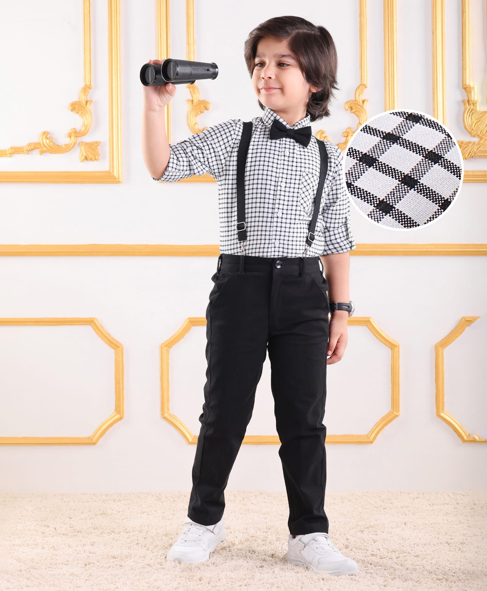 Mark & Mia Full Sleeves Checkered Party Shirt & Trouser Set with Bow & Suspender - Black & White-picture-11
