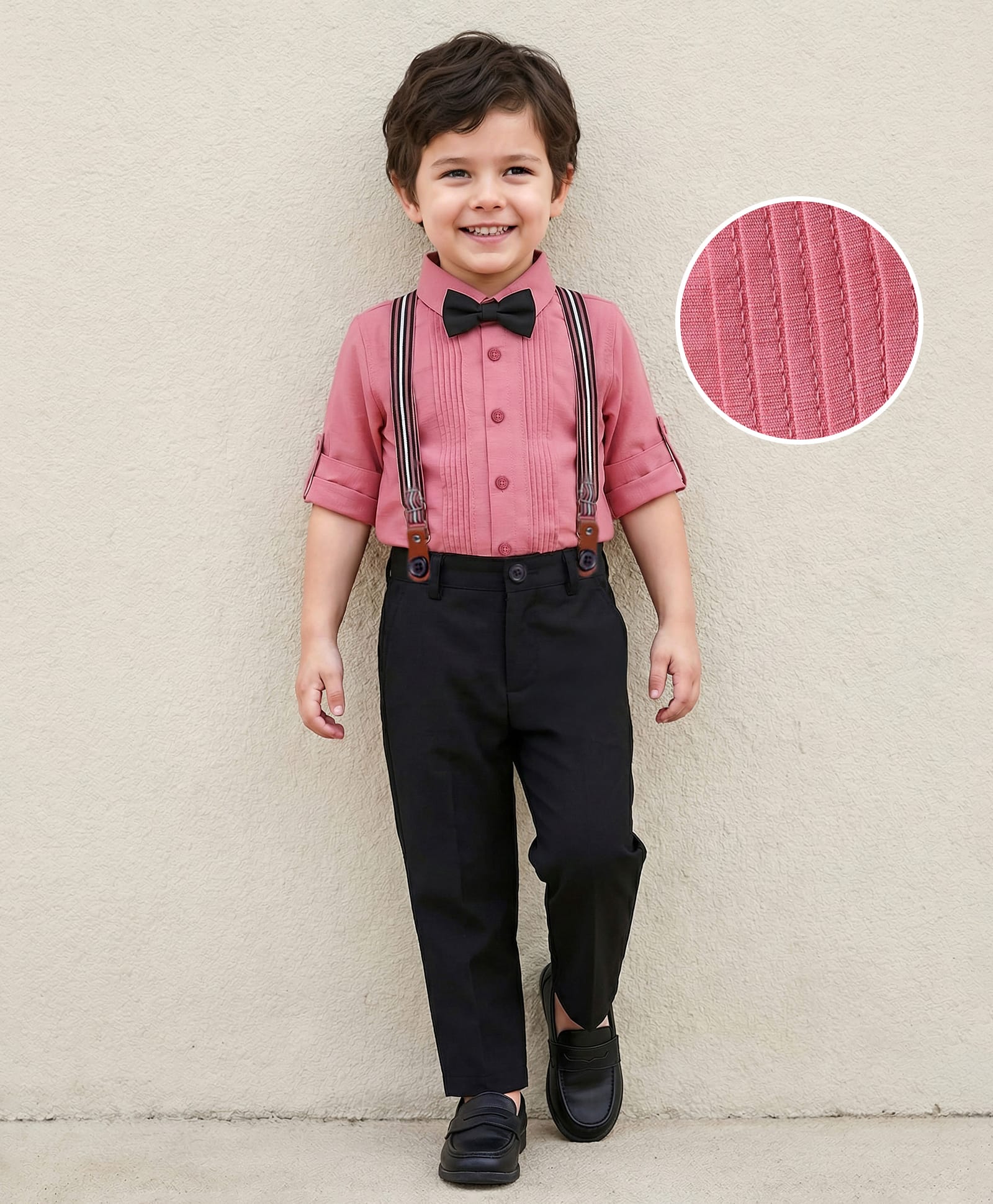 Mark & Mia Cotton Woven Full Sleeves Solid Colour Shirt & Trouser Set with Pintucks Detailing Bow & Suspender - Pink-picture-15