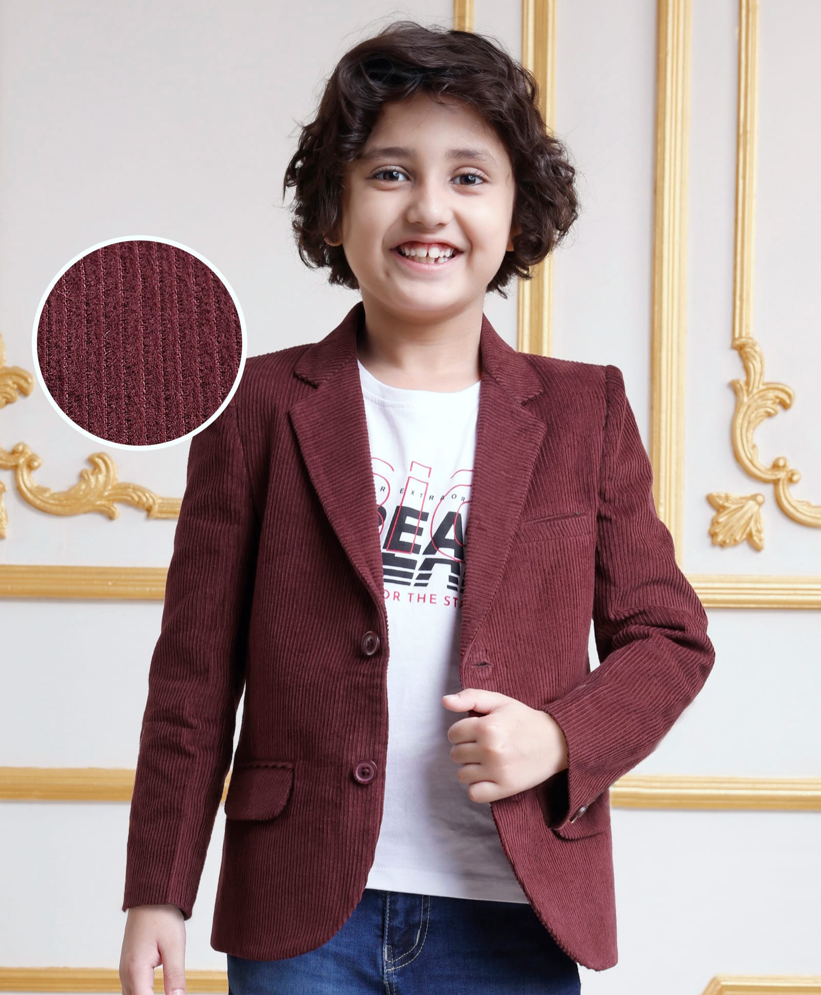 Mark & Mia Full Sleeves Corduroy Striped Blazer with Text Printed T-Shirt - Maroon-image-17