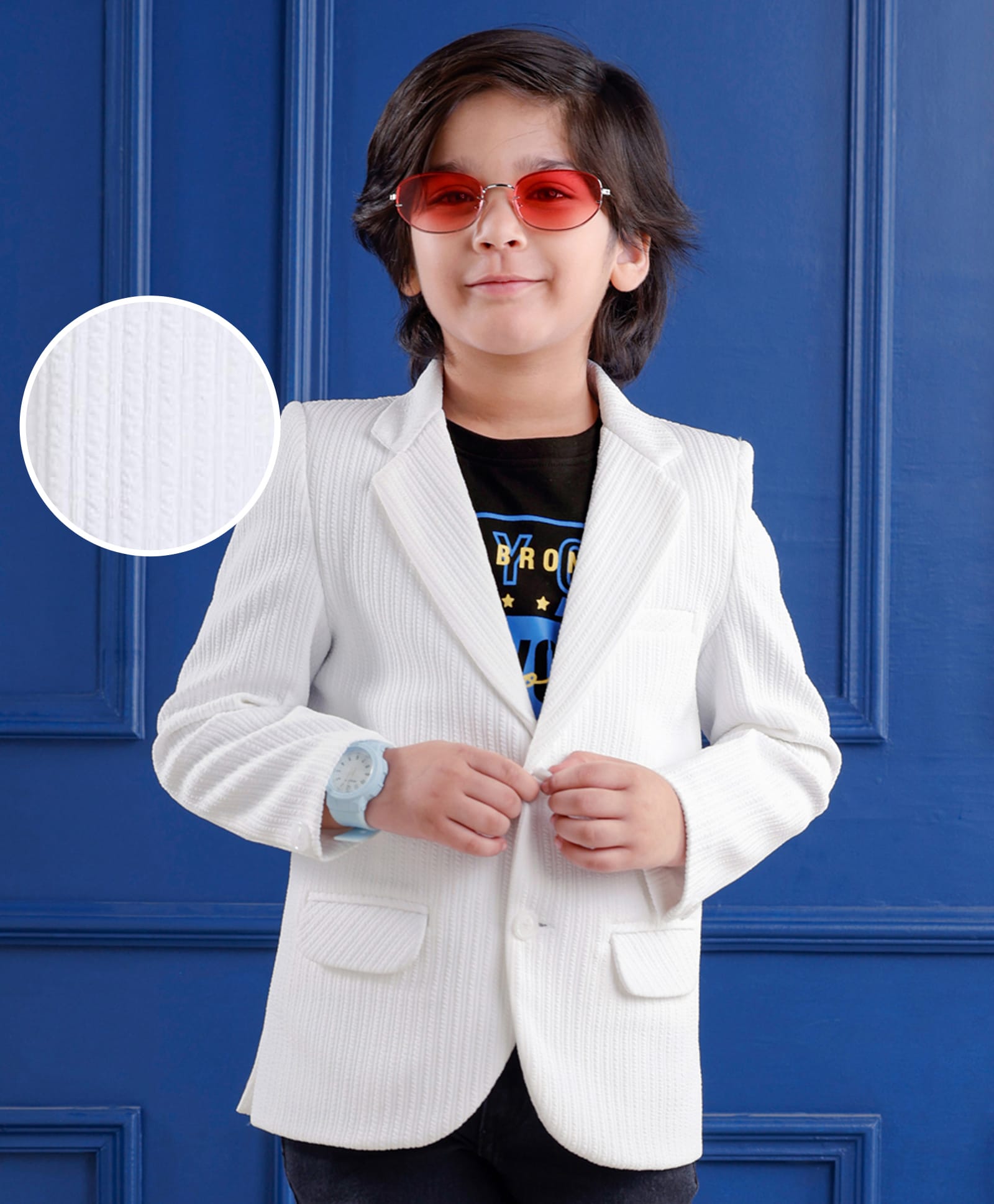 mark & mia Full Sleeves Solid Colour Corduroy Blazer with Text Graphics T-Shirt - White & Black-picture-28