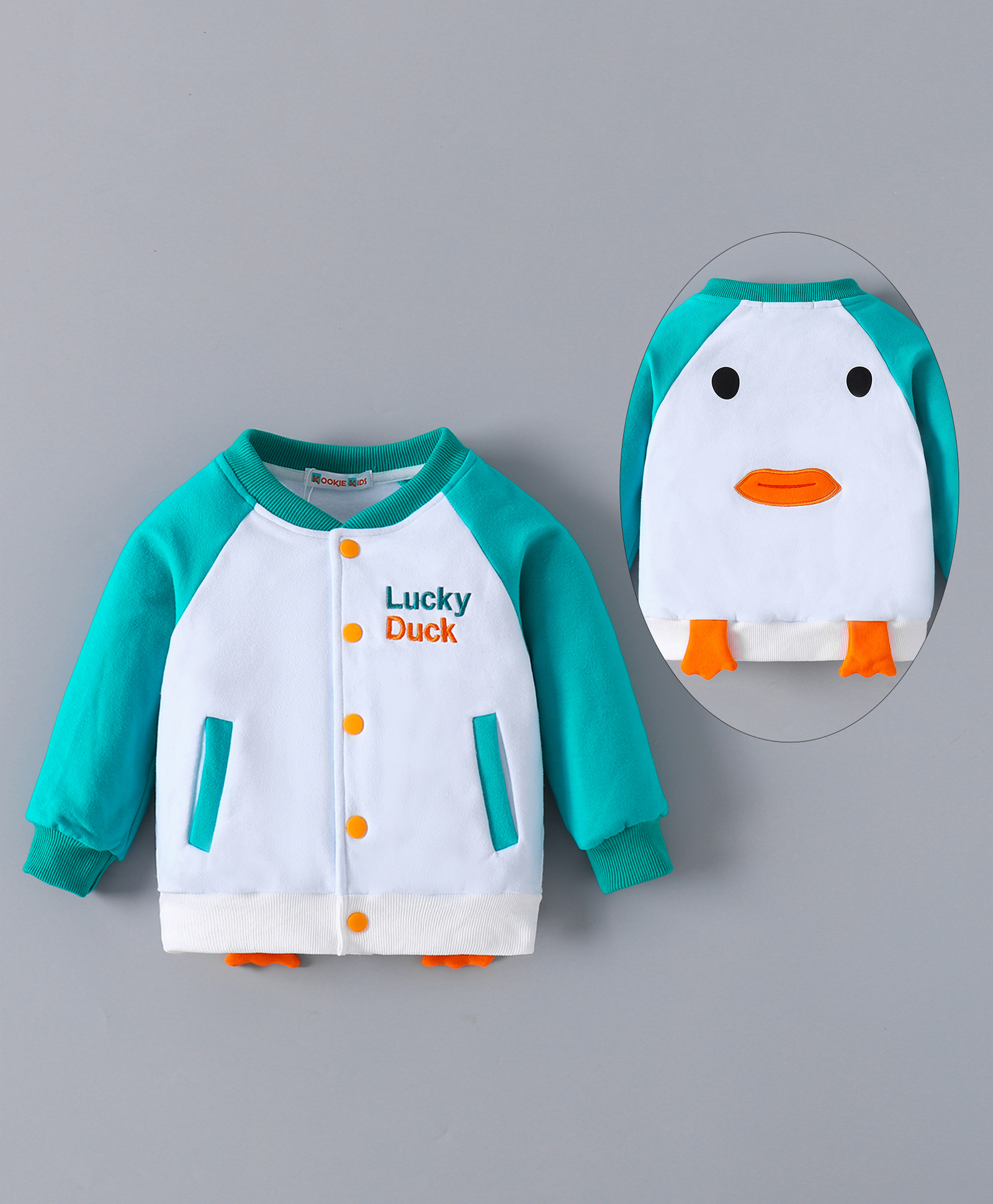Kookie Kids Full Raglan Sleeves Bomber Jacket With Text Embroidery & Animal Applique - White-image-42