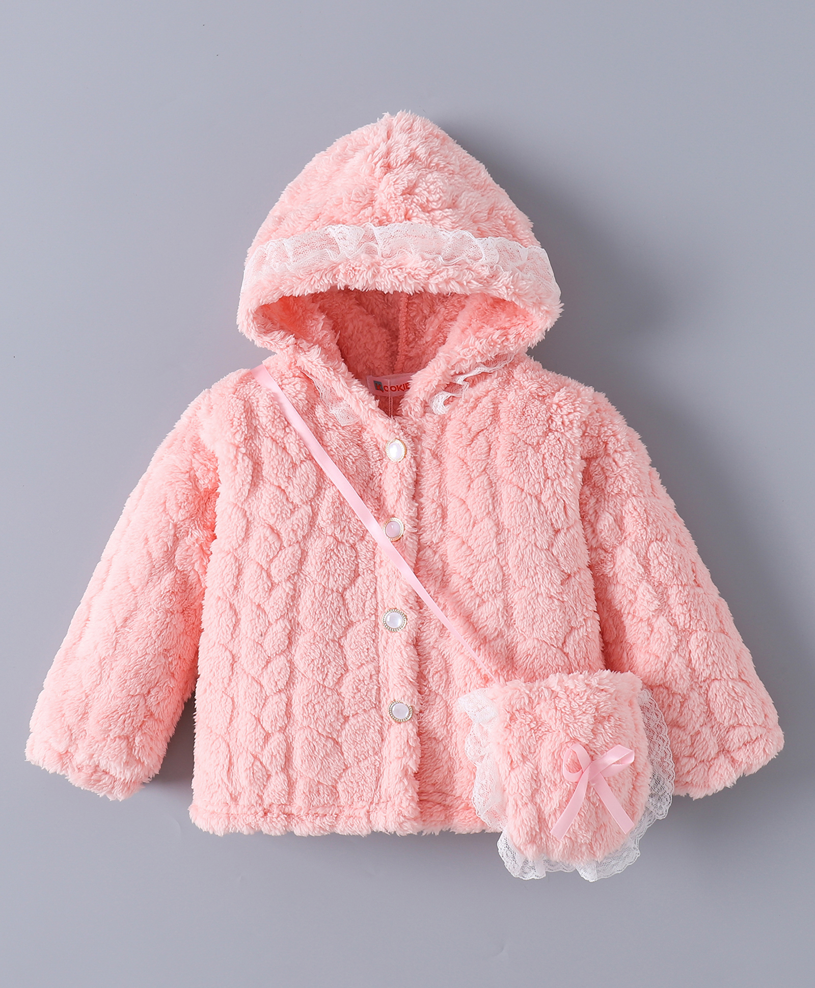 Kookie Kids Full Sleeves Hooded Winter Fur Jacket with Solid Colour & Side Purse - Pink-image-16