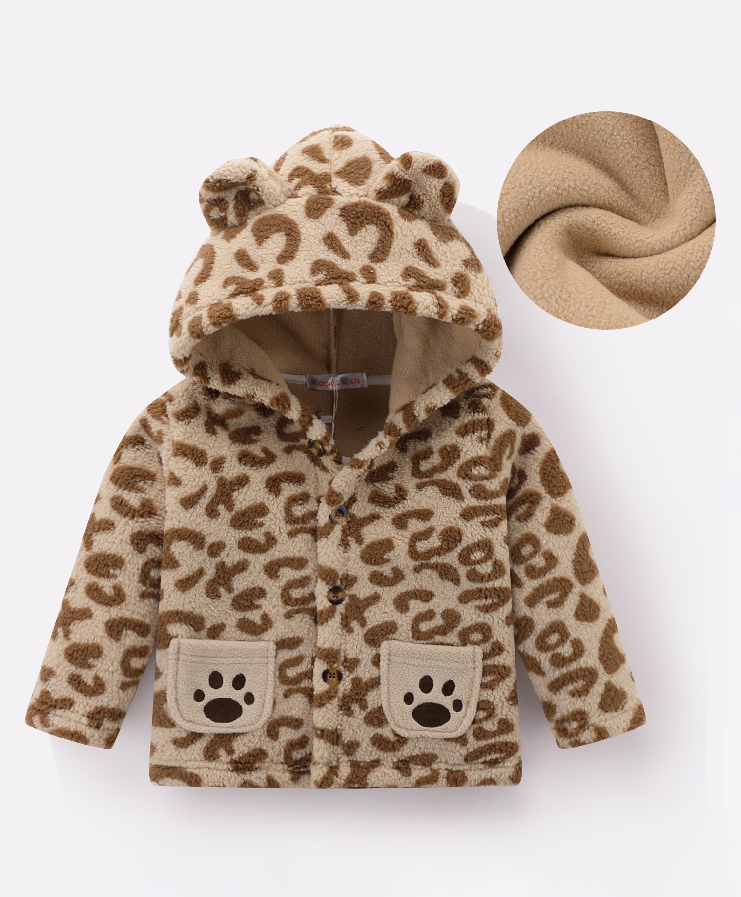Kookie Kids Full Sleeves Hooded Fur Winter Jacket with Cheetah Print Design & Ears Applique - Beige-image-37