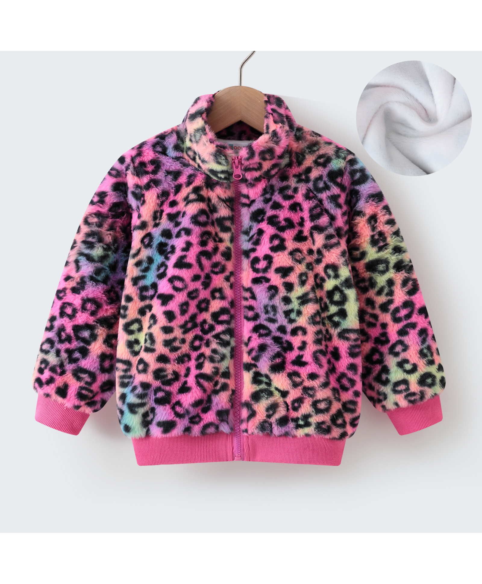Kookie Kids Full Sleeves High Neck Front Open Fur Jacket With Cheetah Print Design - Pink-image-37