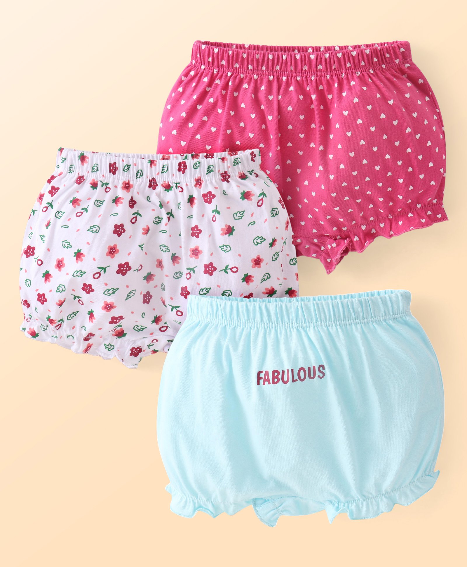 Babyhug 100% Cotton Knit Floral Printed Bloomers Pack of 3 - Dark Pink White & Aqua Blue-picture-15