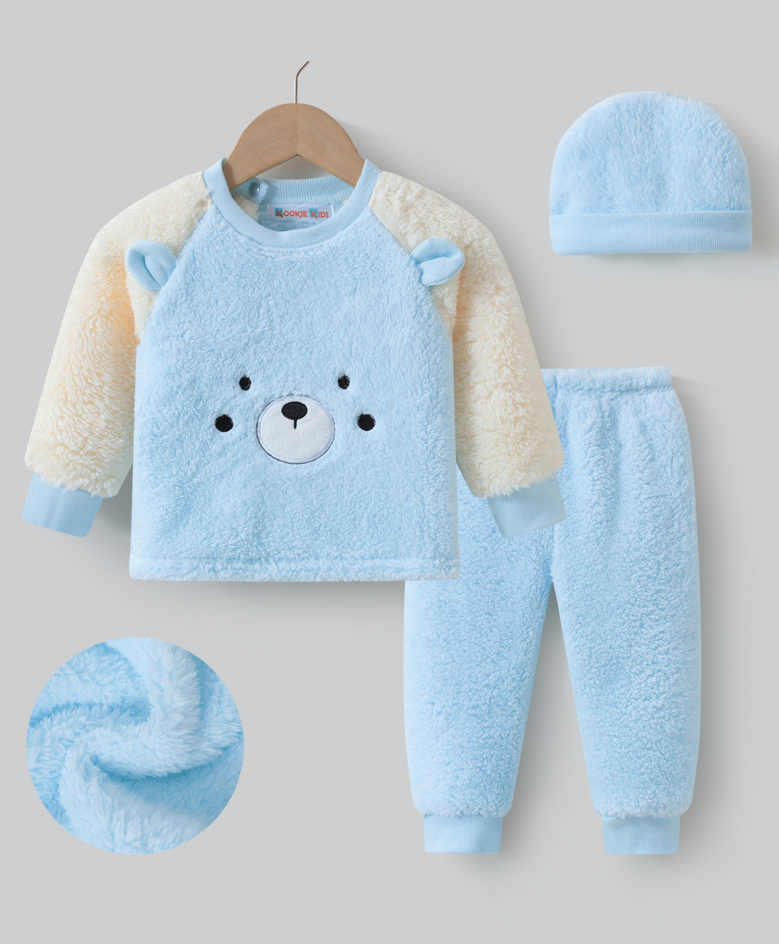 Kookie Kids Raglan Sleeves Winter Wear Suit with Cap Bear Applique & Embroidery - Sky Blue-image-10