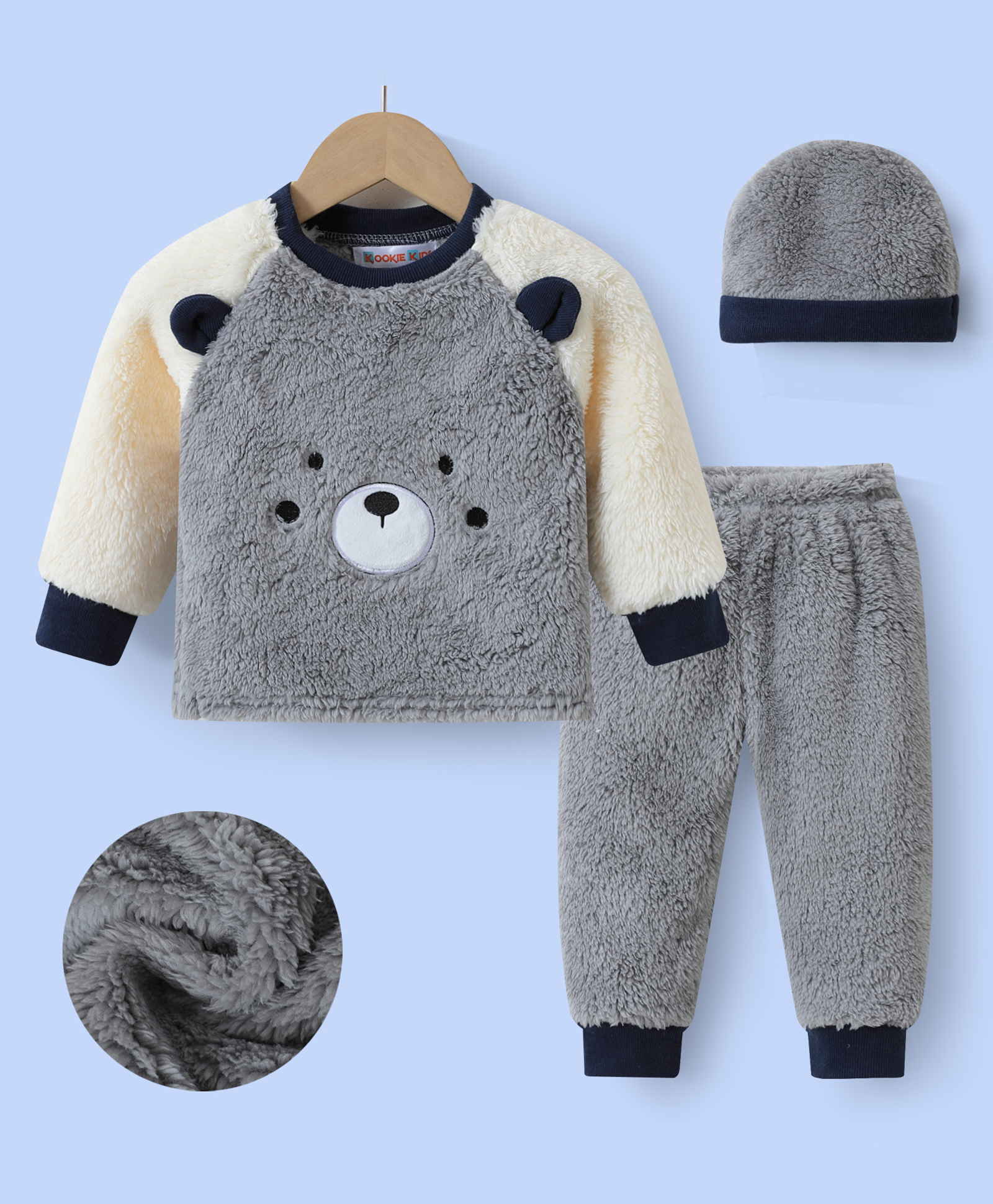 Kookie Kids Raglan Sleeves Winter Wear Suit with Cap Bear Applique & Embroidery - Grey-image-9