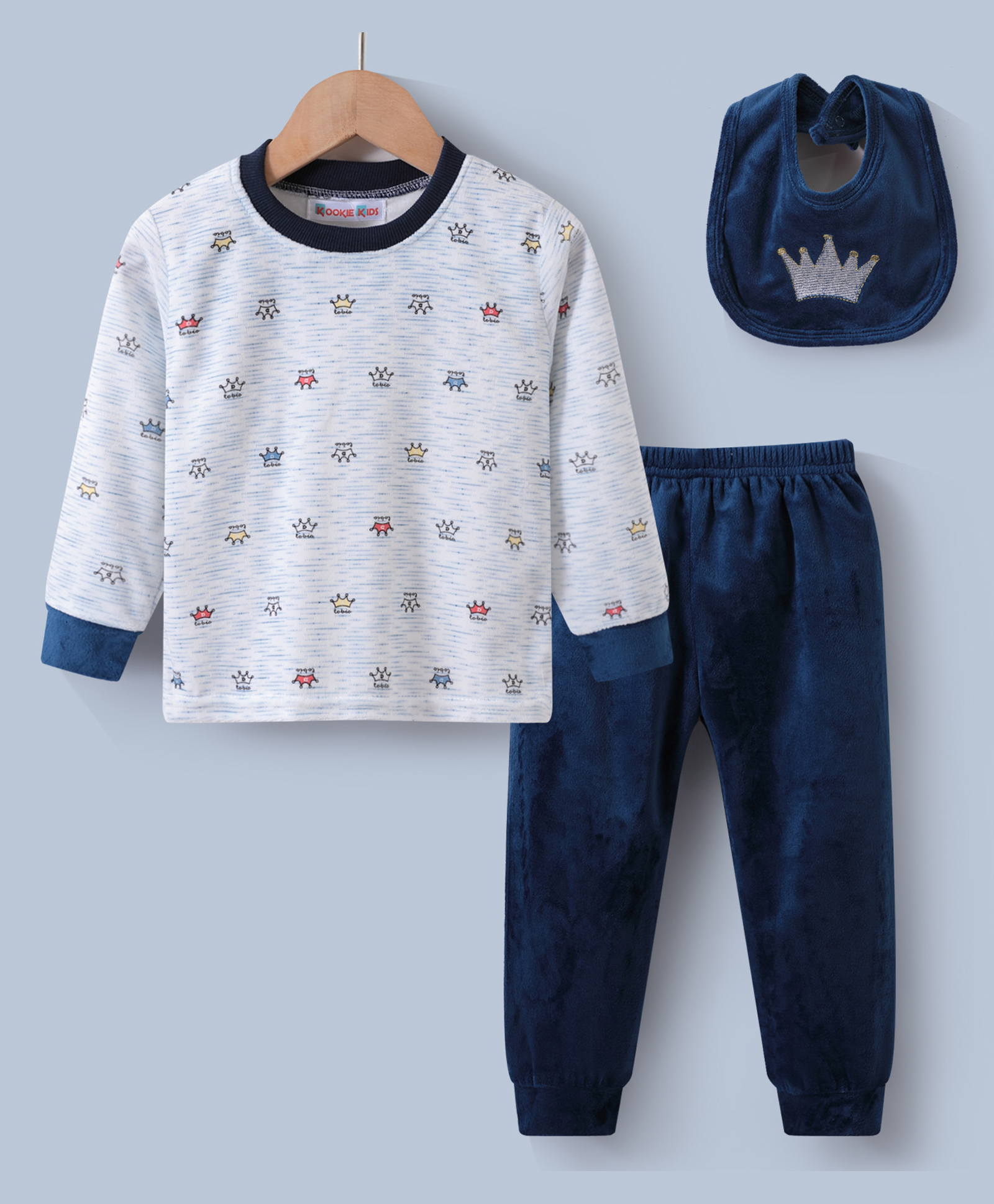 Kookie Kids Full Sleeves Winter Wear Suit with Bib Crown Print- White & Navy Blue-picture-30
