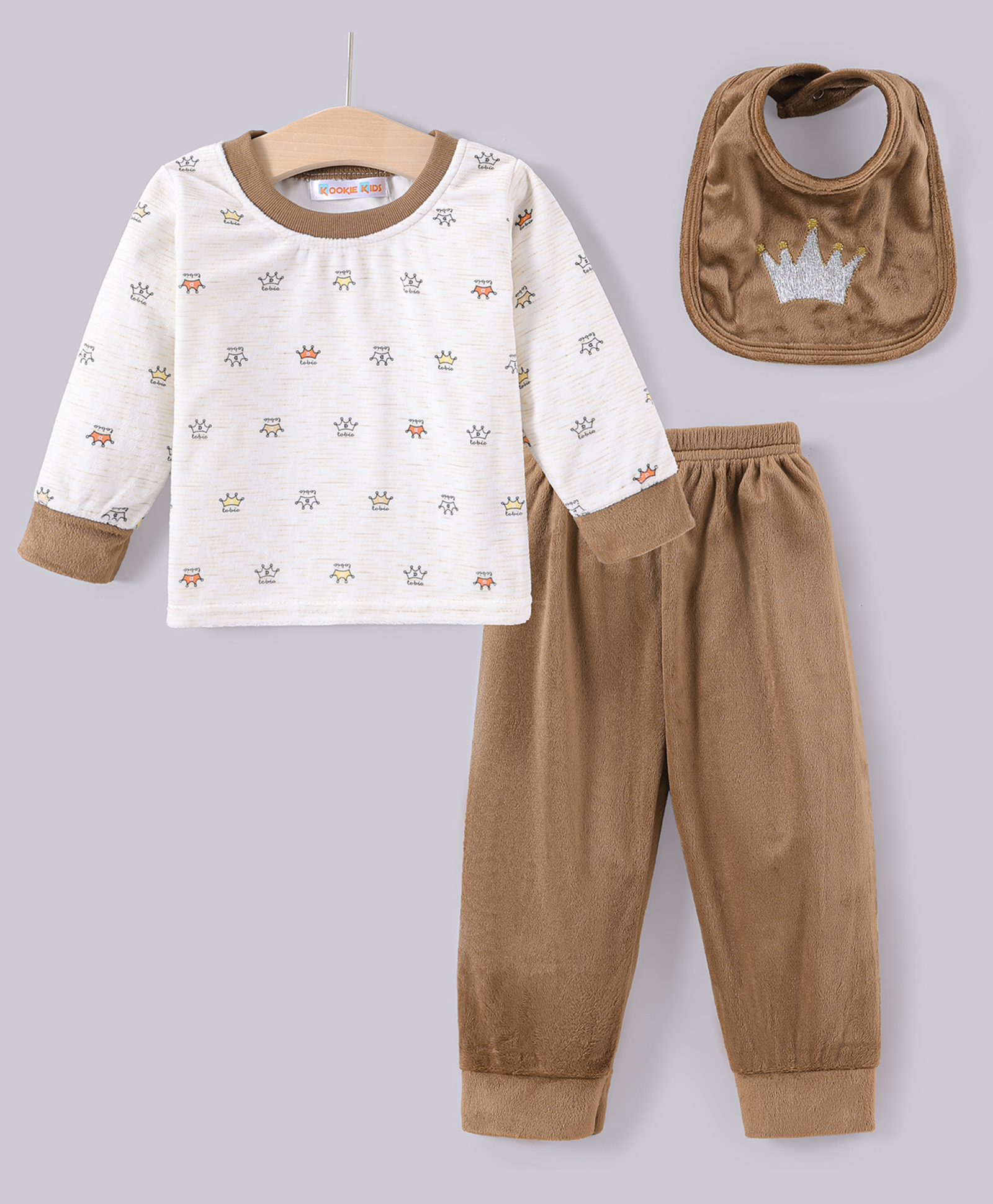 Kookie Kids Full Sleeves Winter Wear Suit with Bib Crown Print- White & Brown-image-20