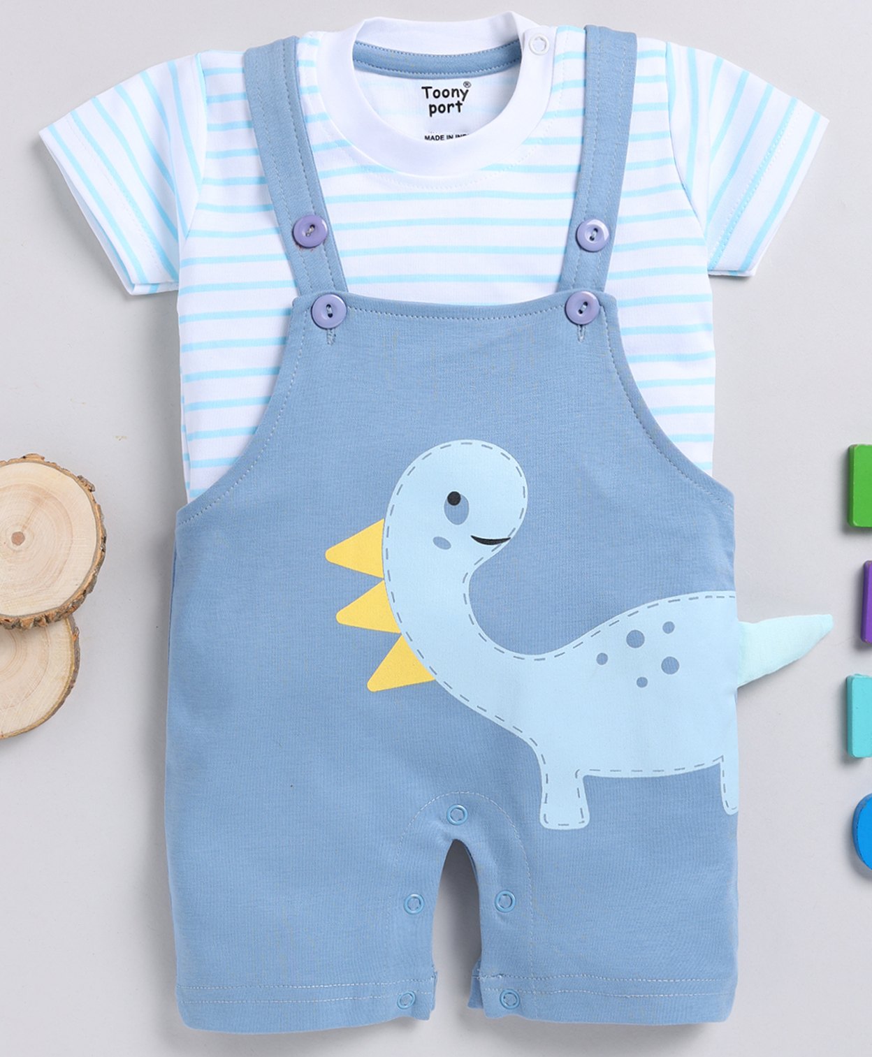 TOONYPORT Cotton Half Sleeves Dino Printed Dungaree Set - Blue-image-15