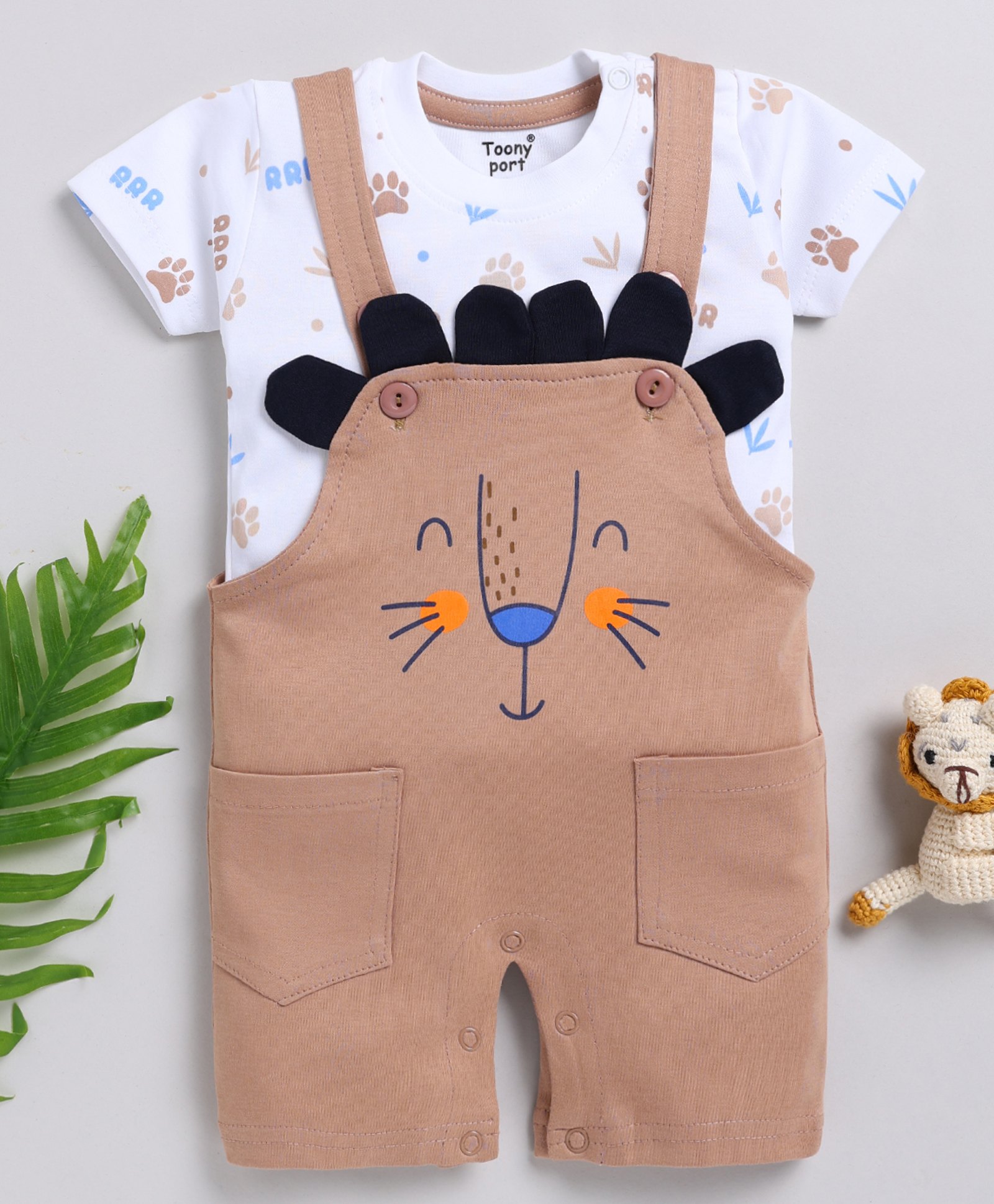 TOONYPORT Cotton Half Sleeves Cute Animal Printed Dungaree Set - Beige-image-45
