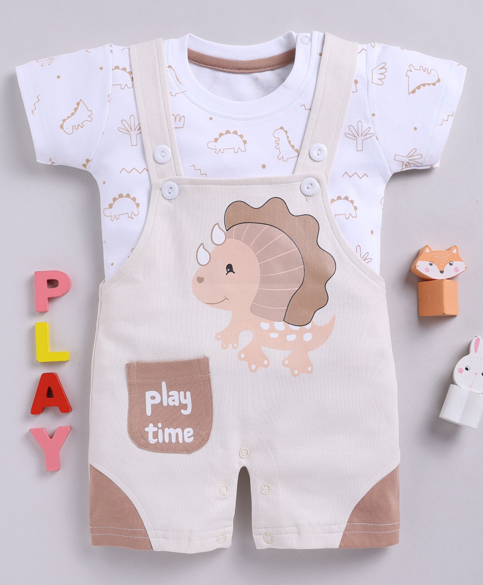 TOONYPORT Cotton Half Sleeves Play Time Printed Dungaree Set - Beige-image-49